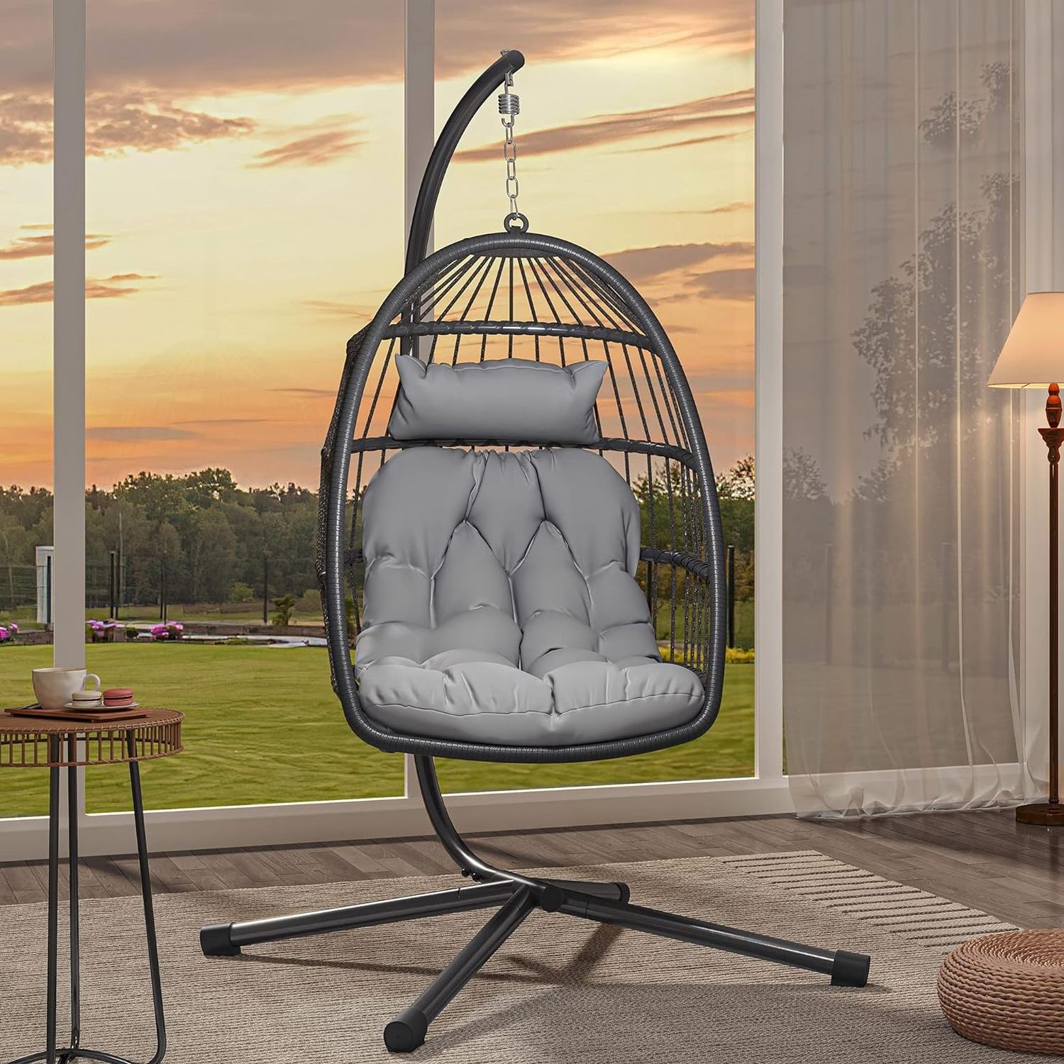 Hanging Egg Swing Chair Wicker Indoor Outdoor Hammock Egg Chair with Stand and cushion for Patio Bedroom Garden and Balcony