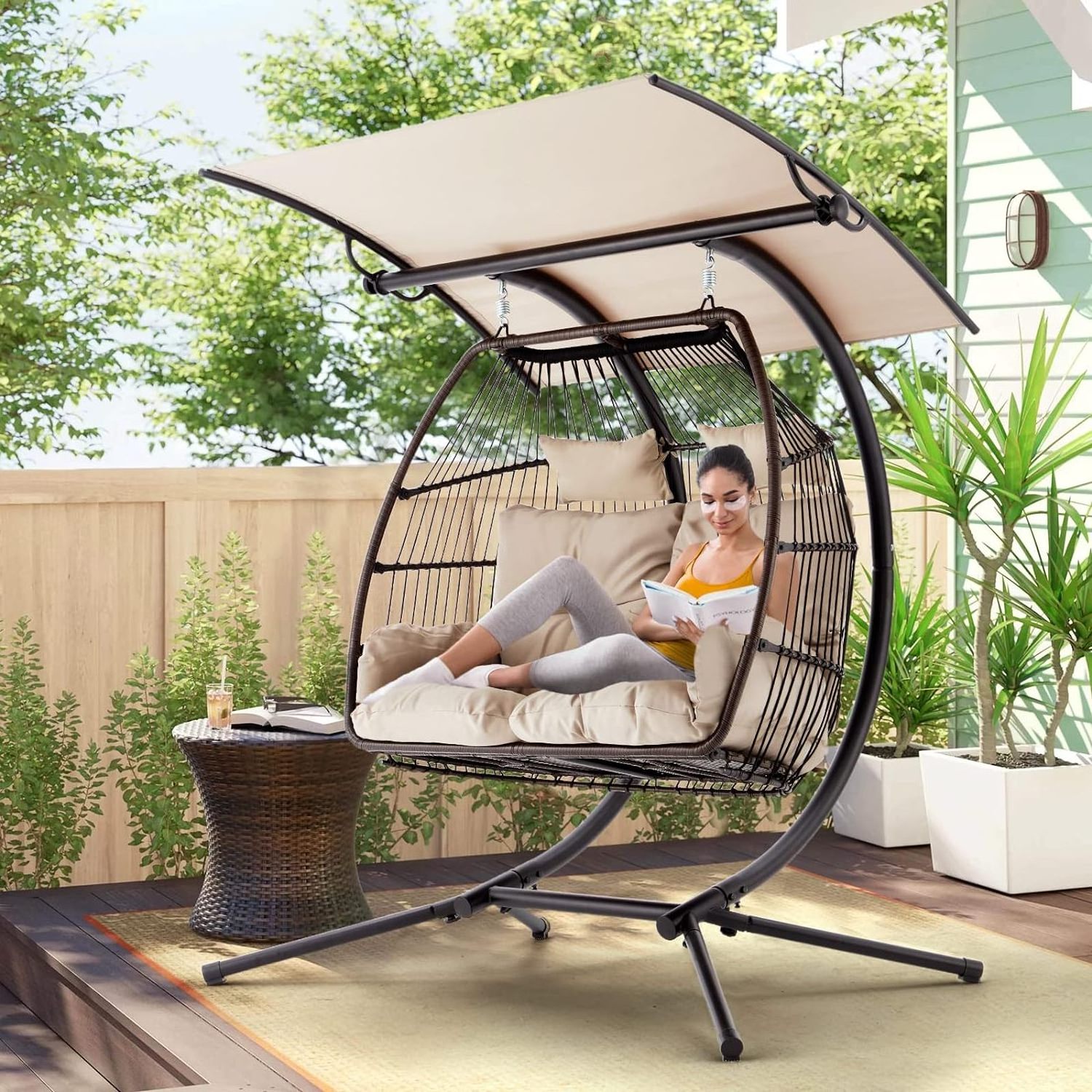 Double Egg Chair with Stand  Foldable Hanging Chair Awning Basket Nest Swinging Loveseat for Indoor Outdoor Patio Balcony Garden