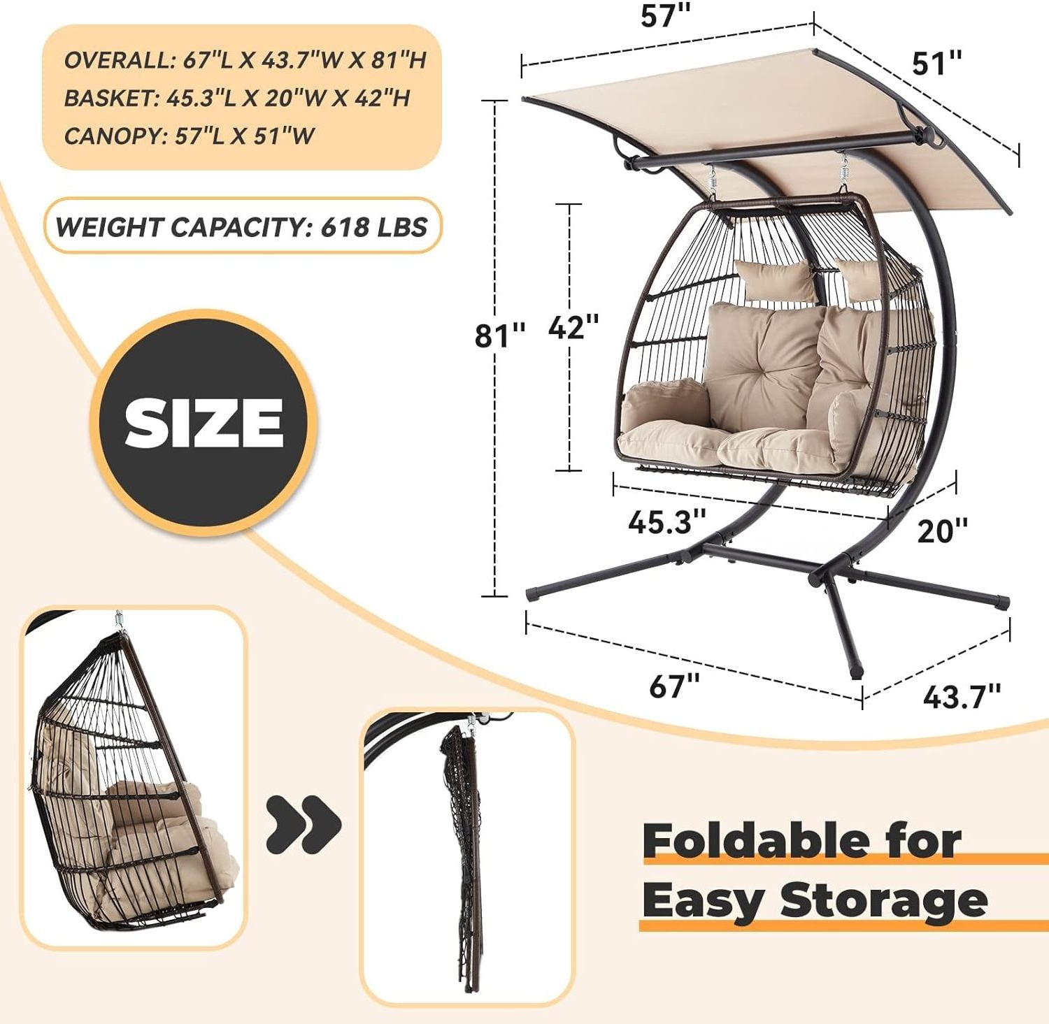 Double Egg Chair with Stand  Foldable Hanging Chair Awning Basket Nest Swinging Loveseat for Indoor Outdoor Patio Balcony Garden