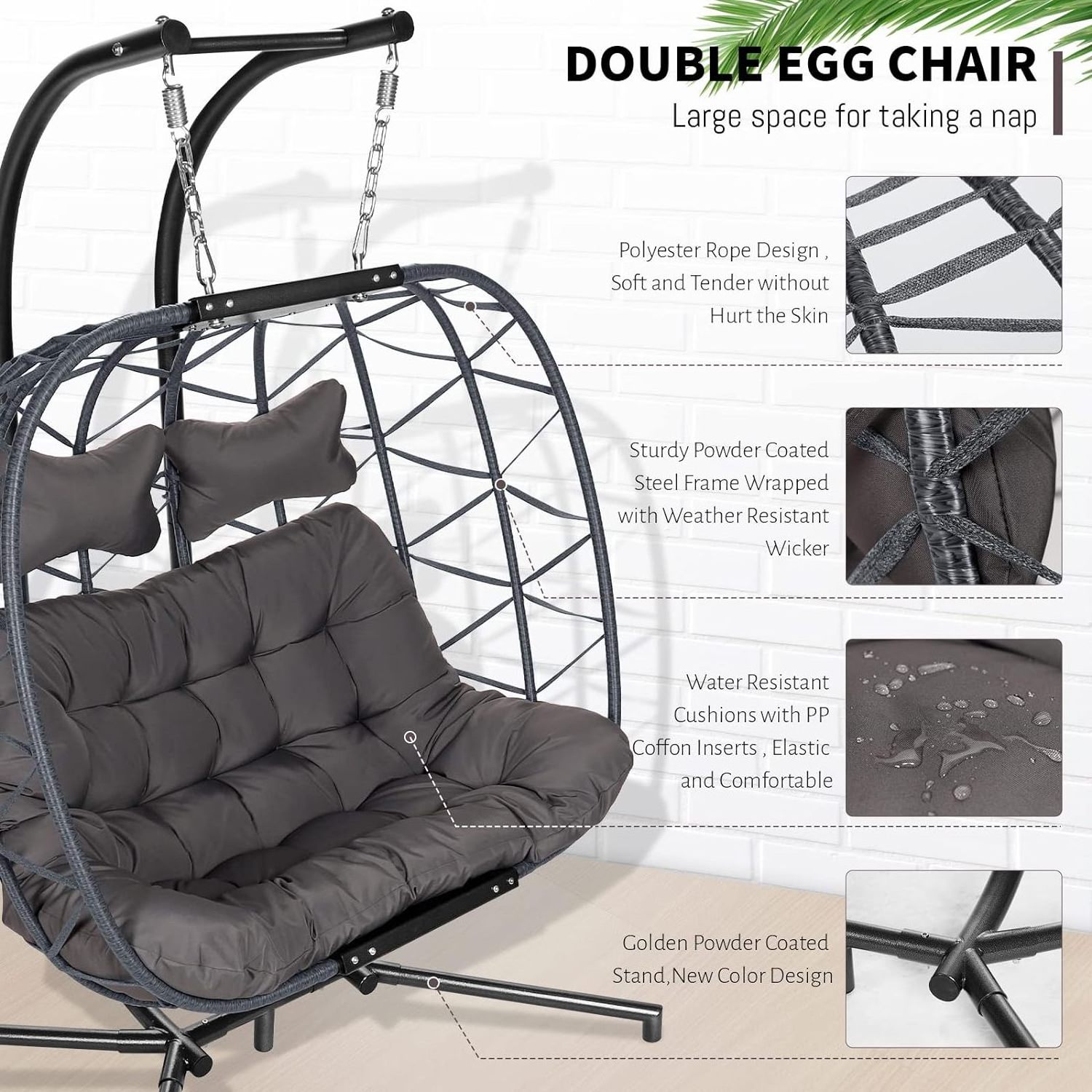 Indoor Outdoor 2 Person Double Large Wicker Hanging Swing egg Chair with stand Oversized Twins Patio Loveseat 2 Seat Egg Chair