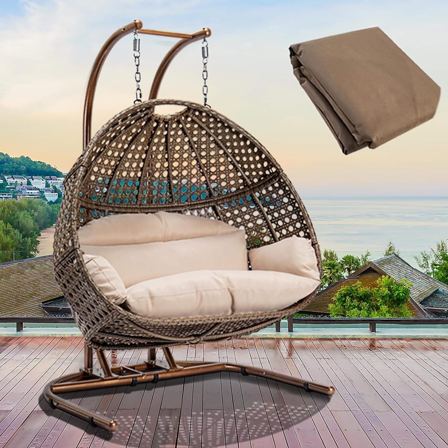 2 Person Double Egg Hanging Swing Chair with stand  Cover and Cushion Rattan Wicker Hammock Chair for Indoor Outdoor