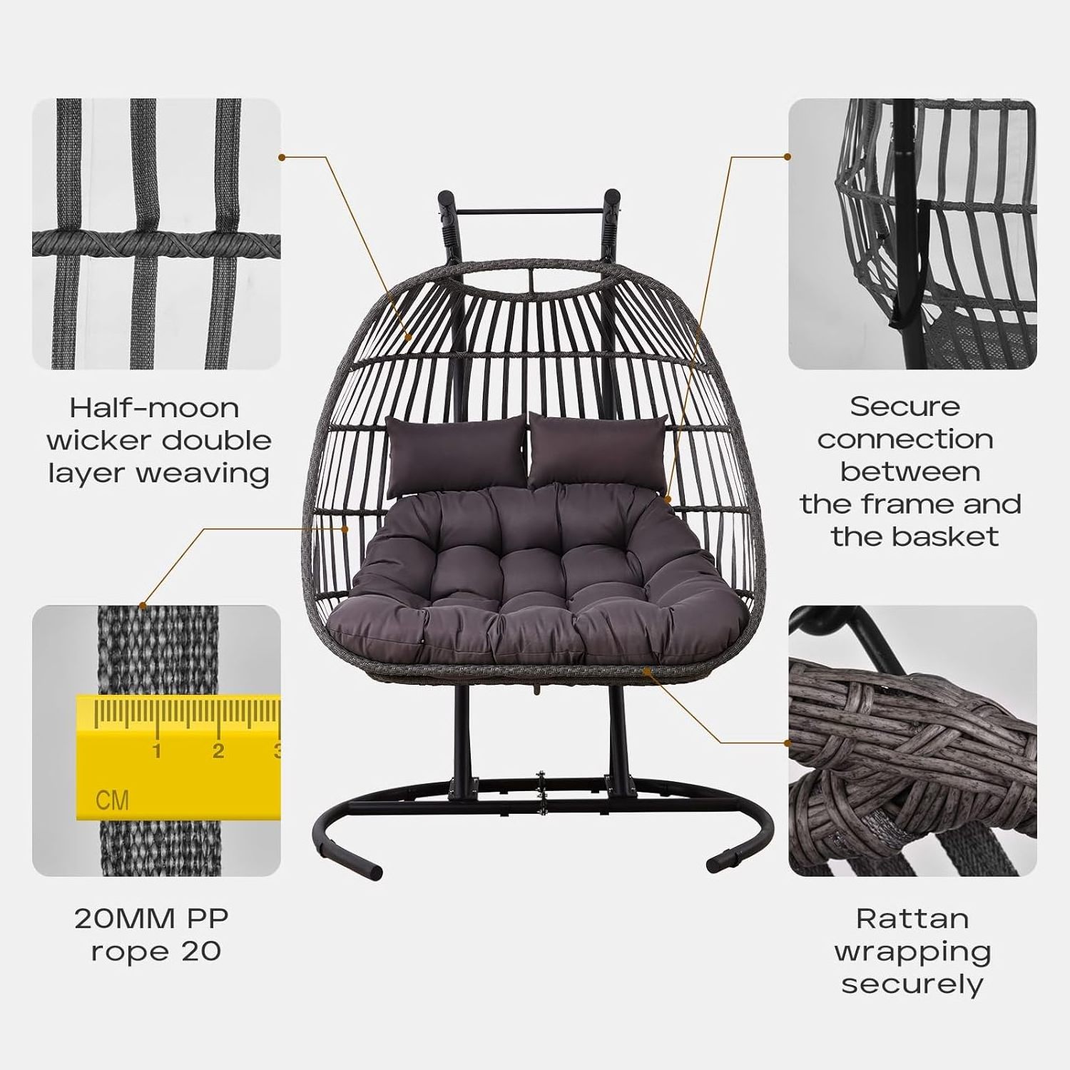 Wicker Double Hammock Egg Swing Chair and Headrest Pillow 2 Person Outdoor Patio Hanging Chair for Indoor Porch Garden Balcony