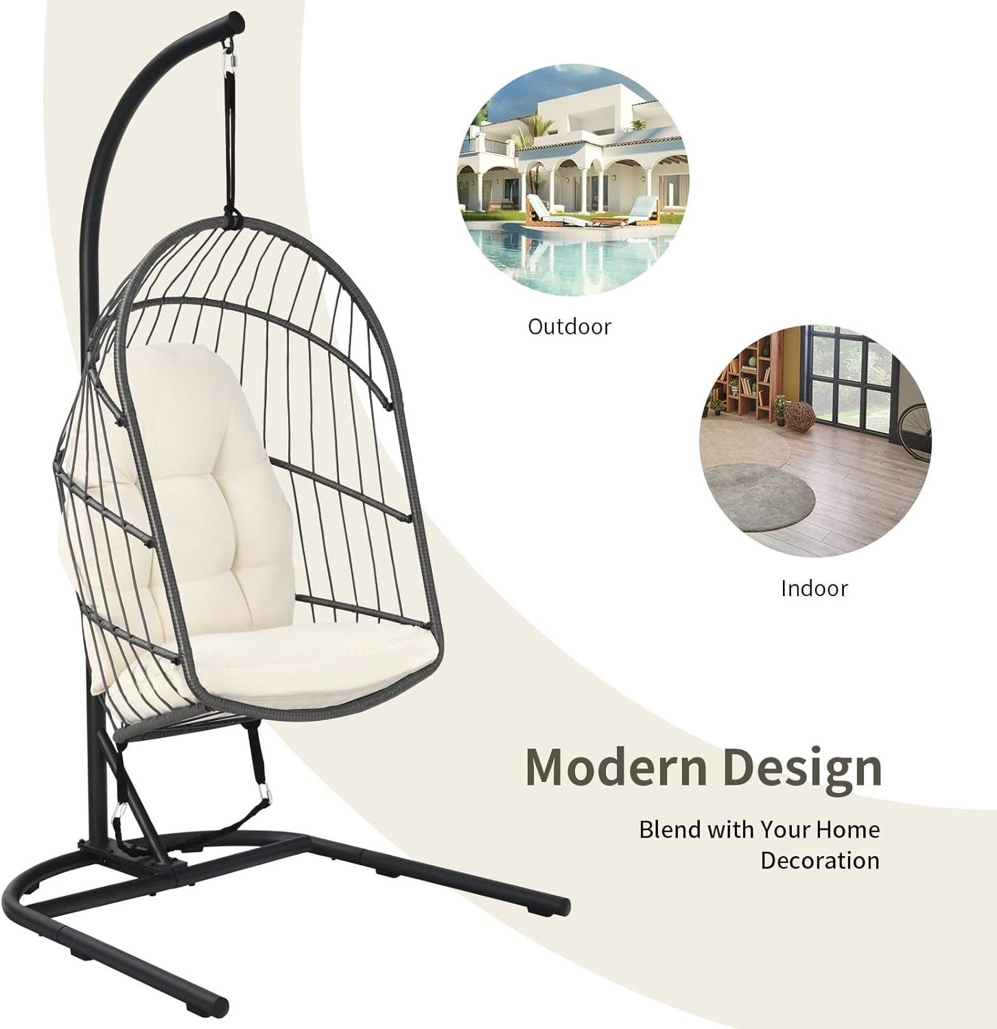 Outdoor Indoor Foldable Hanging Egg Swing Chair Rattan Hanging Basket Chairs with C Hammock Stand  Hanging Hammock Chair