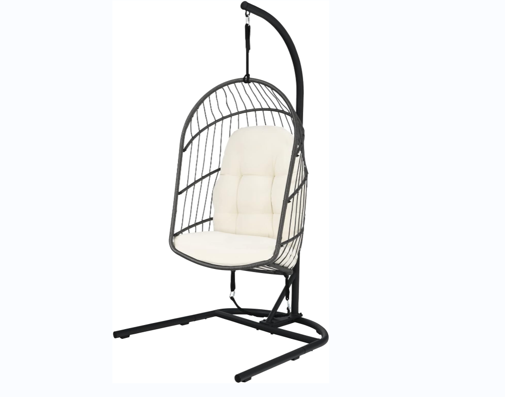 Outdoor Indoor Foldable Hanging Egg Swing Chair Rattan Hanging Basket Chairs with C Hammock Stand  Hanging Hammock Chair