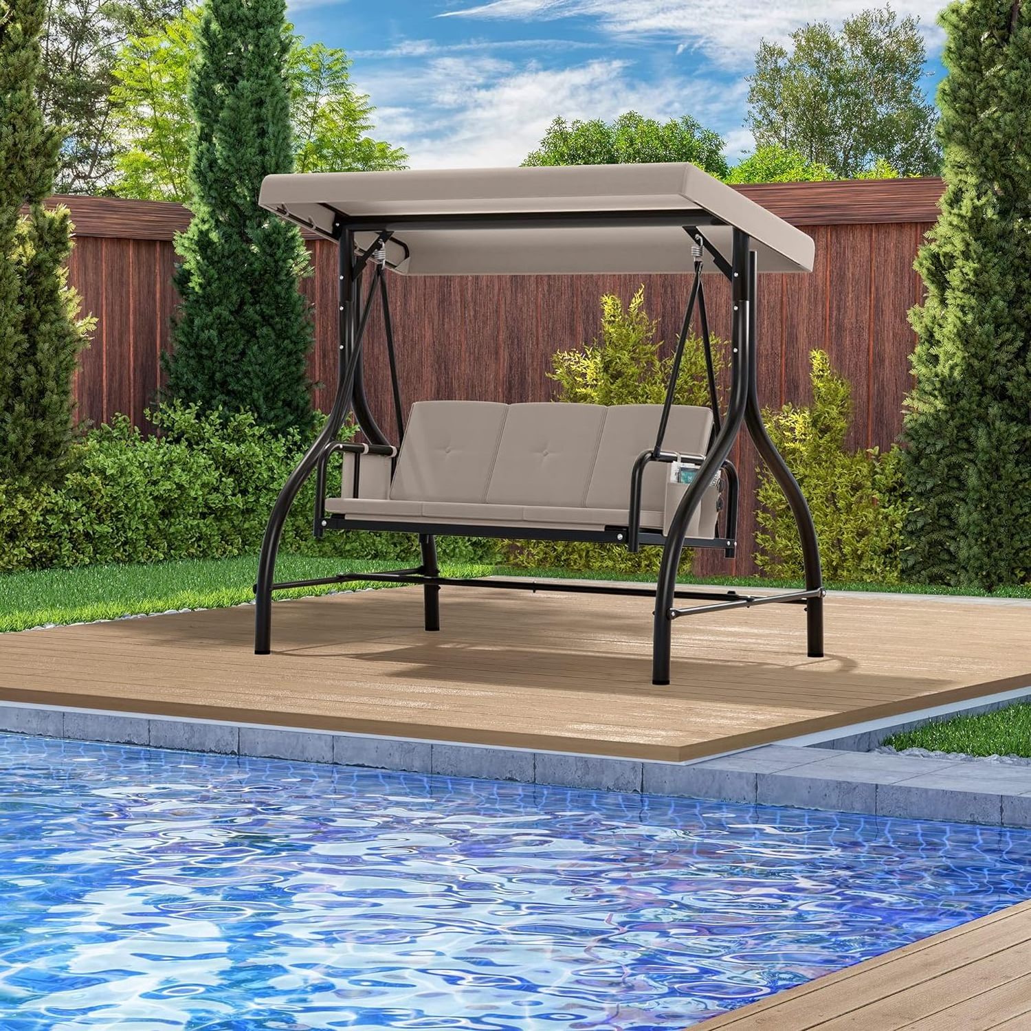 Outdoor Porch Swing 3 Person Patio Swing Chair with Adjustable Canopy Removable Cushion Suitable for Garden  Poolside