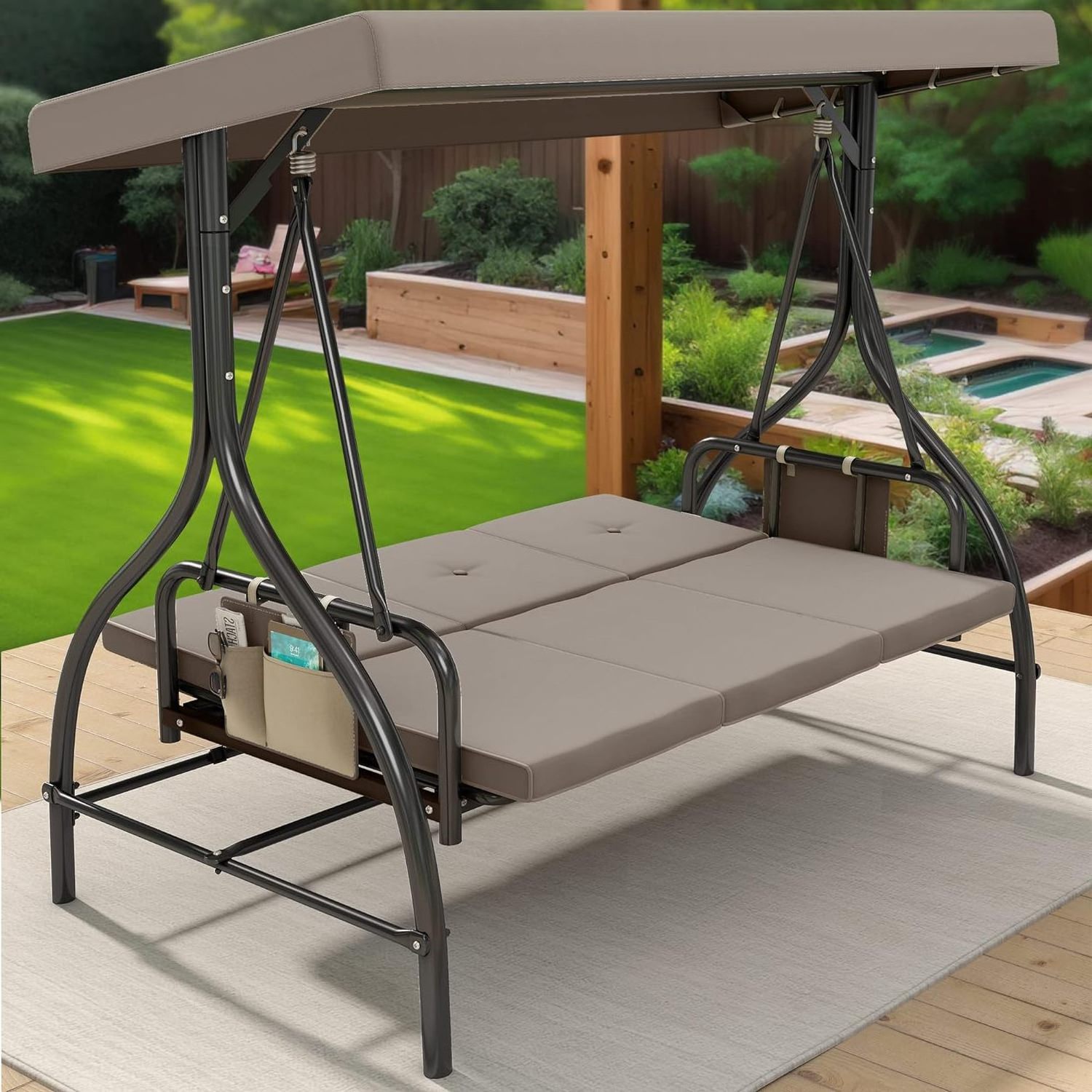 Outdoor Porch Swing 3 Person Patio Swing Chair with Adjustable Canopy Removable Cushion Suitable for Garden  Poolside