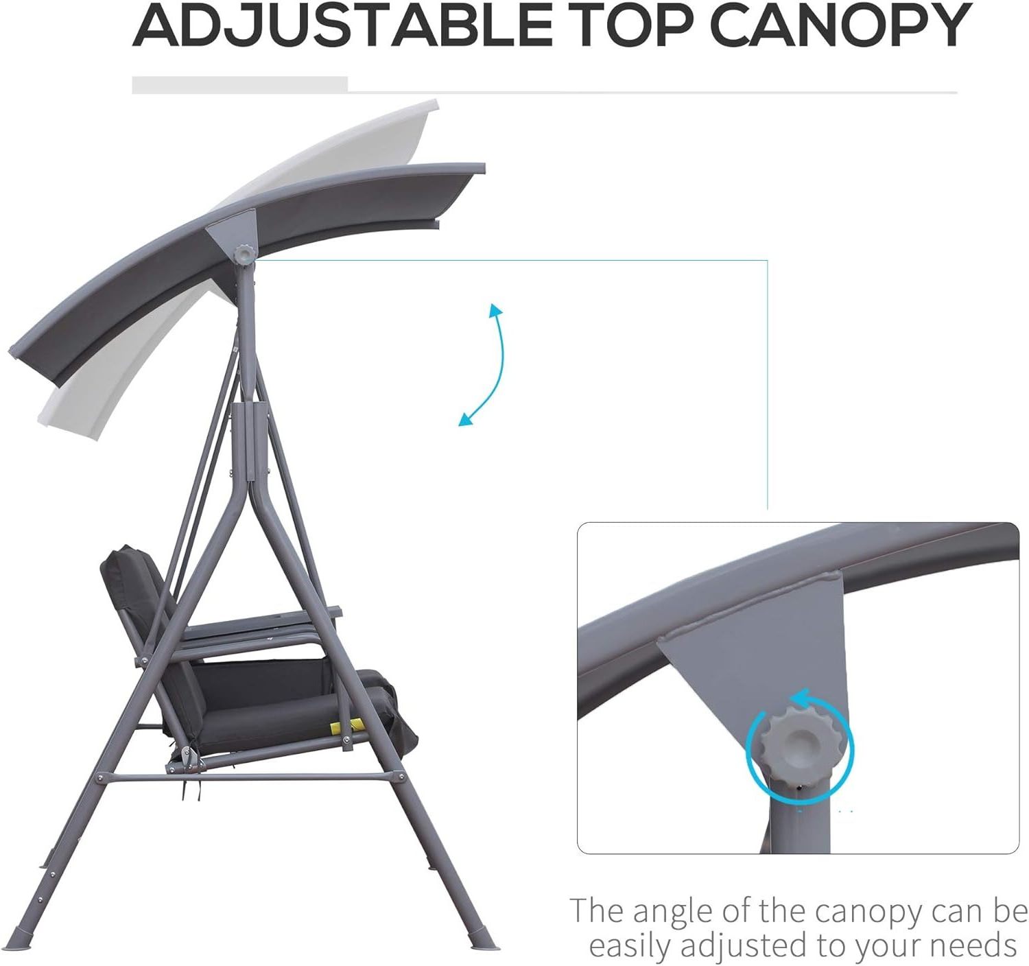 2 Person Porch Swing with Stand  Outdoor Swing with Canopy  Pivot Storage Table 2 Cup Holders  Cushions for Patio Backyard