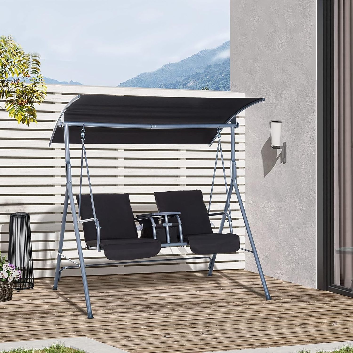 2 Person Porch Swing with Stand  Outdoor Swing with Canopy  Pivot Storage Table 2 Cup Holders  Cushions for Patio Backyard