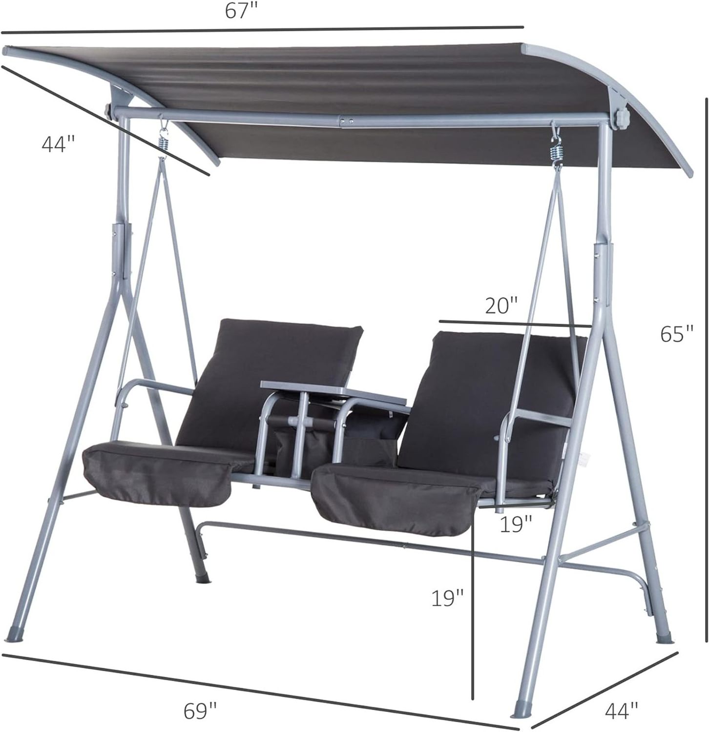 2 Person Porch Swing with Stand  Outdoor Swing with Canopy  Pivot Storage Table 2 Cup Holders  Cushions for Patio Backyard