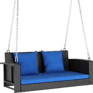 Rattan Wicker Hanging Porch double loveseat Swing with Cushions & Chains  4FT Outdoor Rattan Swing Bench for Garden Yard Lawn