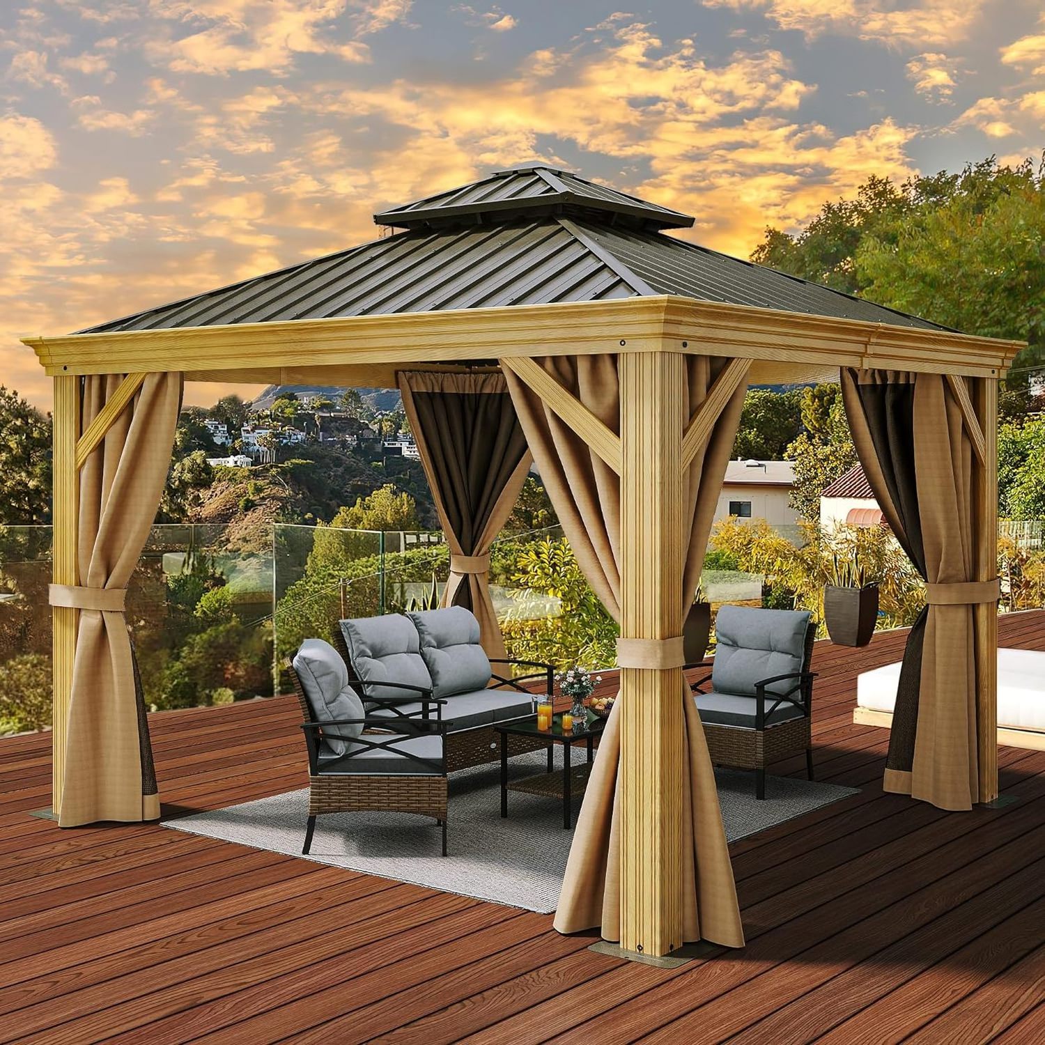 10x10ft Hardtop Gazebo with Nettings and Curtains Wood Grain Double Roof Galvanized Steel Outdoor for Patio  Backyard Deck Lawns