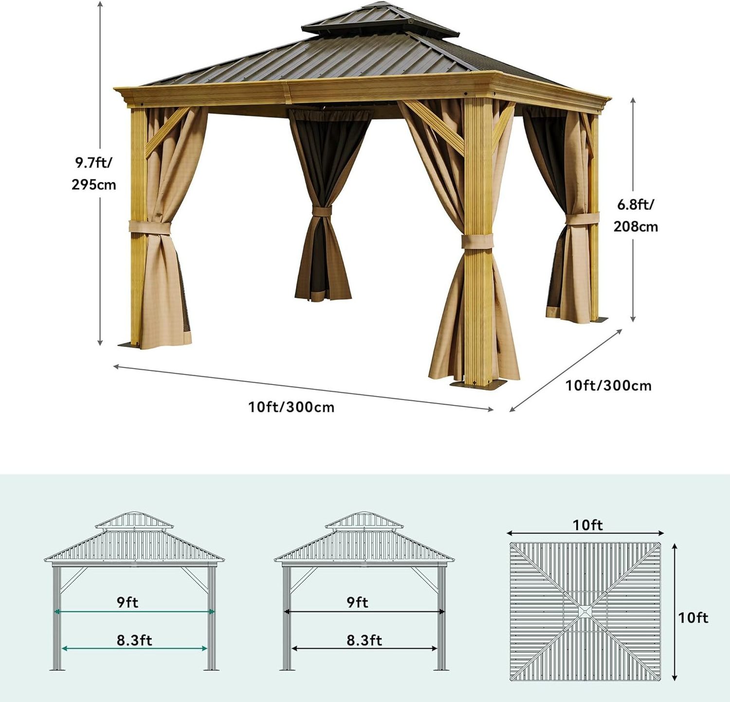 10x10ft Hardtop Gazebo with Nettings and Curtains Wood Grain Double Roof Galvanized Steel Outdoor for Patio  Backyard Deck Lawns