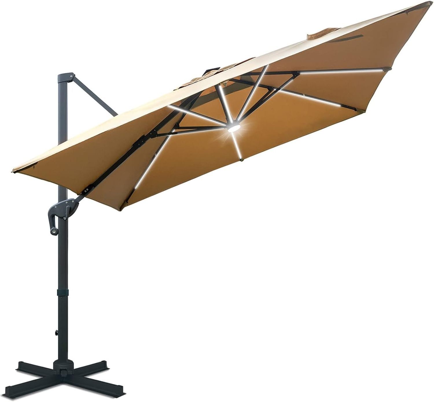 10 by 10 ft Solar Powered LED Cantilever Patio Umbrella Square Deluxe Offset Umbrella LED lights for Market Garden Deck Pool