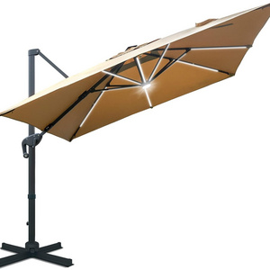 10 by 10 ft Solar Powered LED Cantilever Patio Umbrella Square Deluxe Offset Umbrella LED lights for Market Garden Deck Pool