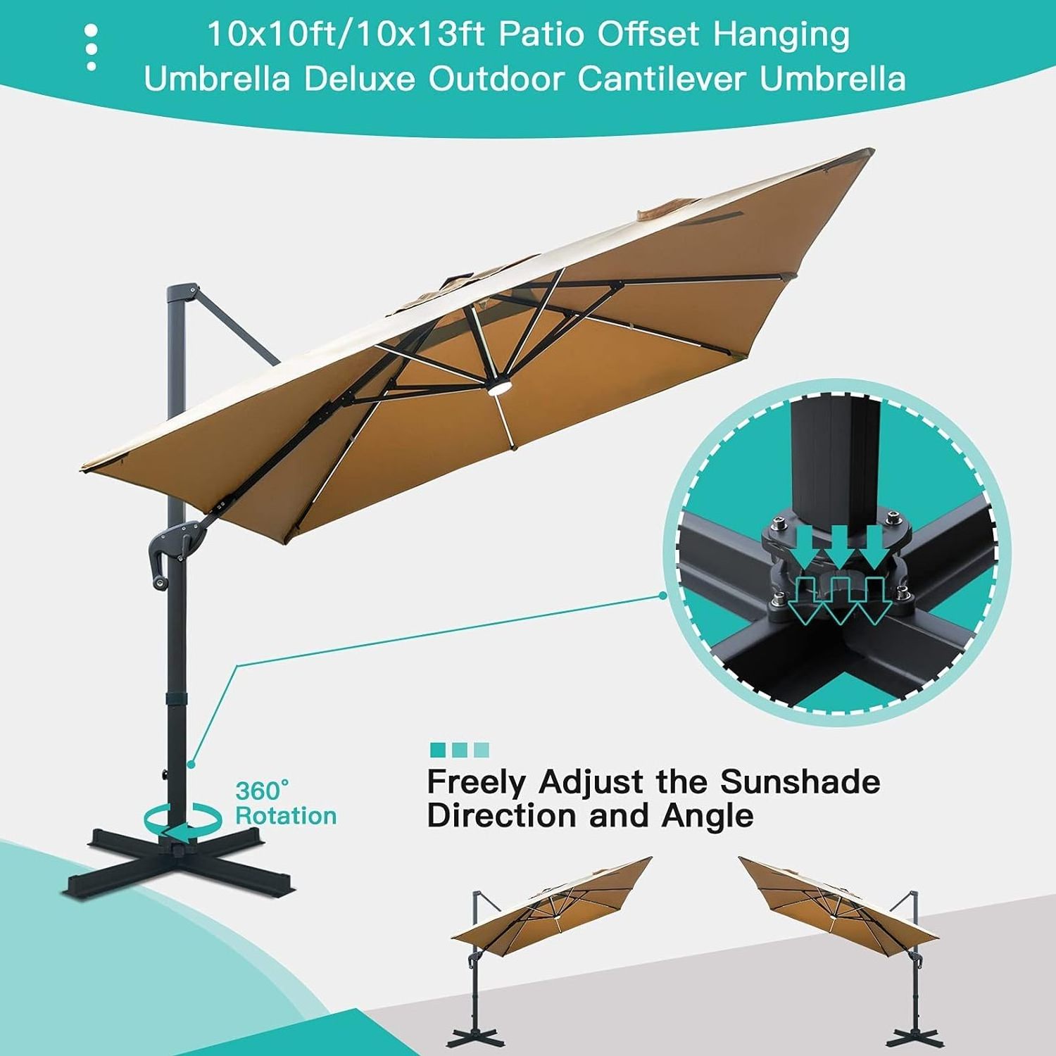 10 by 10 ft Solar Powered LED Cantilever Patio Umbrella Square Deluxe Offset Umbrella LED lights for Market Garden Deck Pool