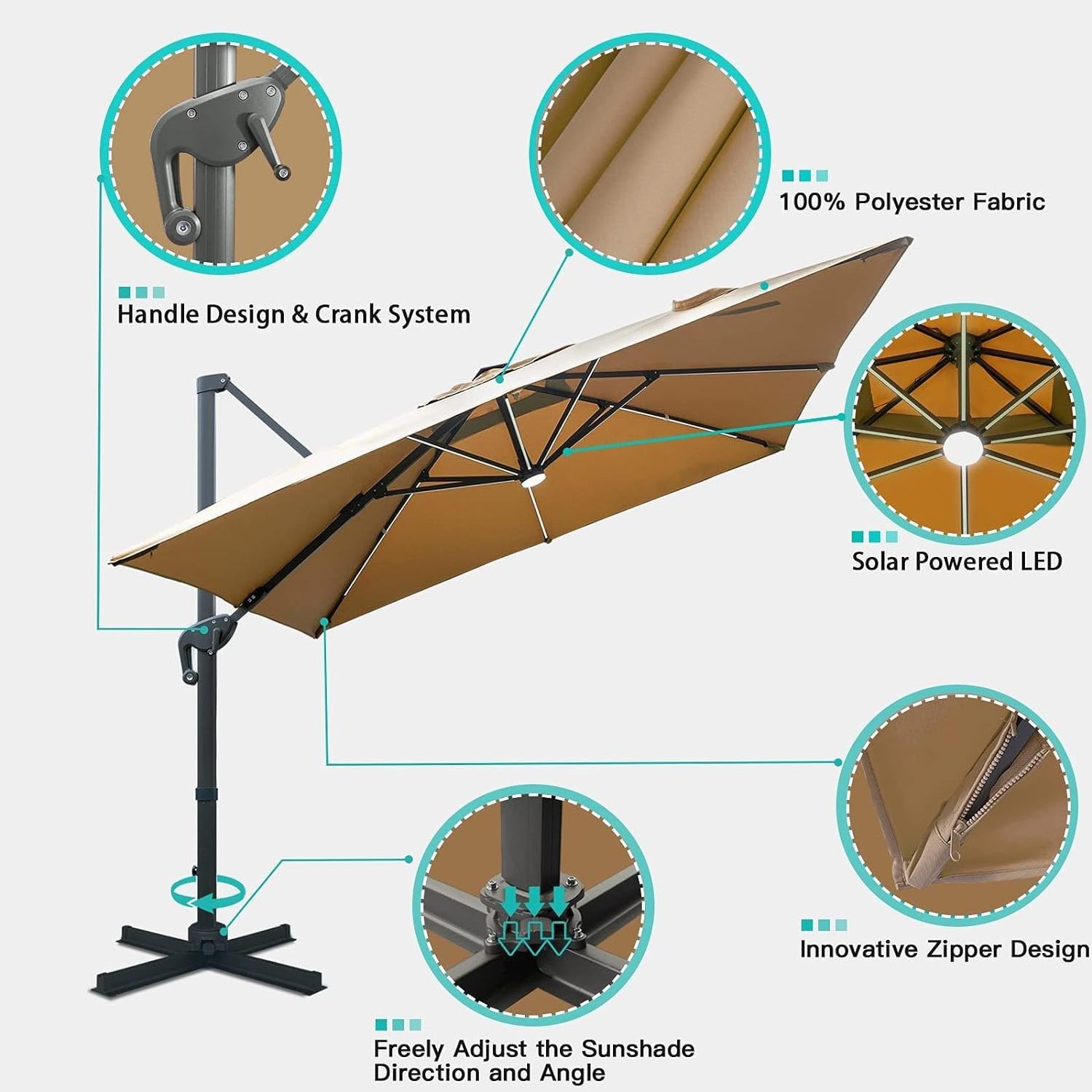 10 by 10 ft Solar Powered LED Cantilever Patio Umbrella Square Deluxe Offset Umbrella LED lights for Market Garden Deck Pool