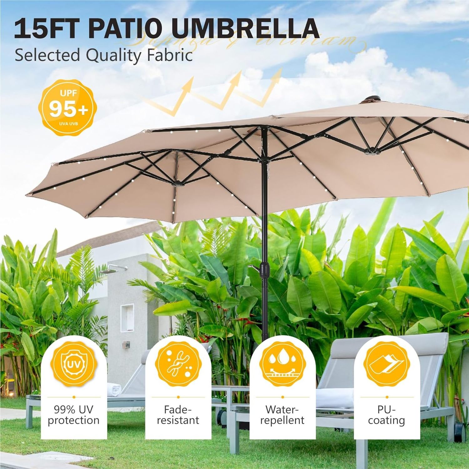 15 ft Patio Umbrella with Lights  Base Included Extra Large Outdoor Double-sided Umbrella