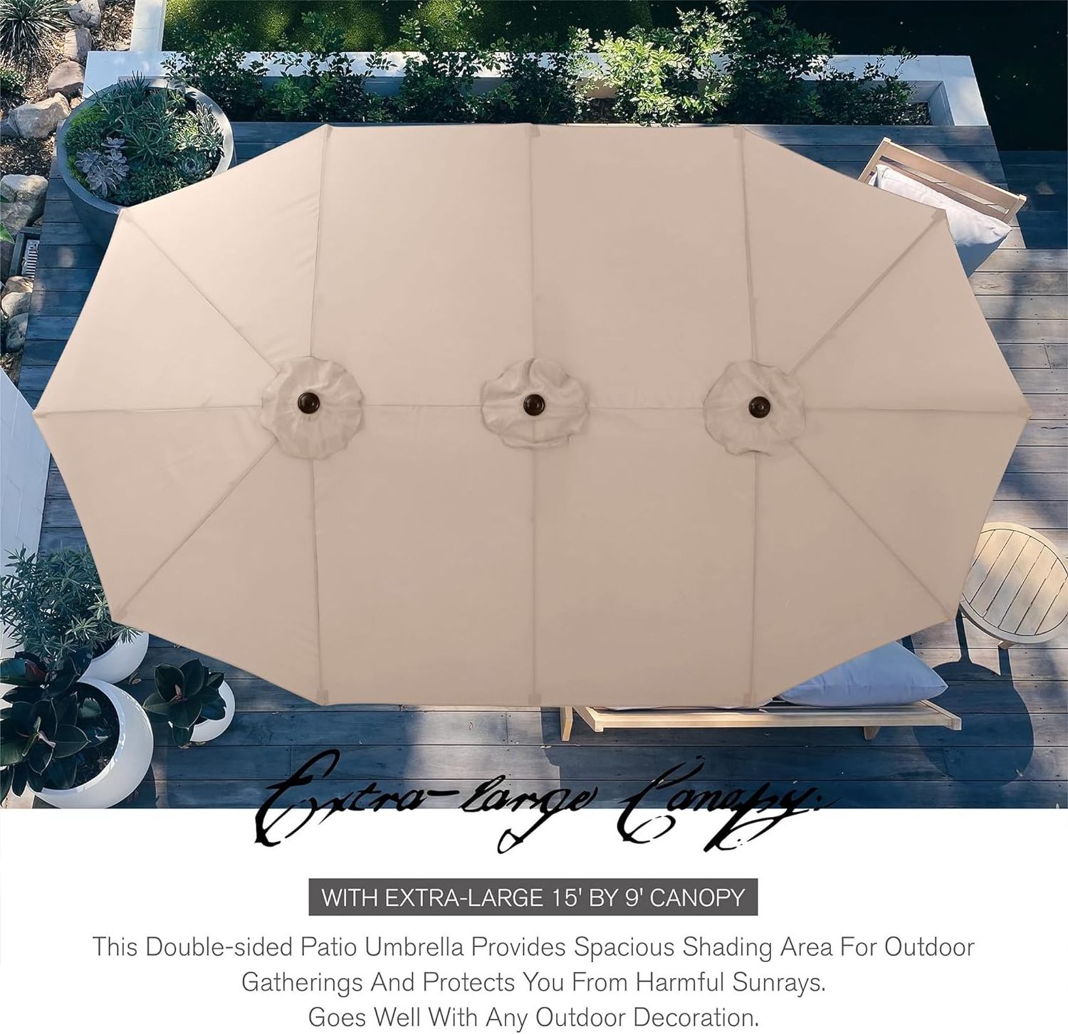 15 ft Patio Umbrella with Lights  Base Included Extra Large Outdoor Double-sided Umbrella