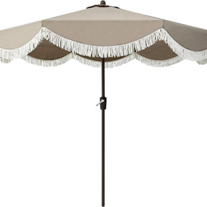 9 ft Outdoor Auto Tilt Scalloped Patio Table Umbrellas with Fringe and Fade Resistant Canopy  for Lawn  Pool Deck Balcony