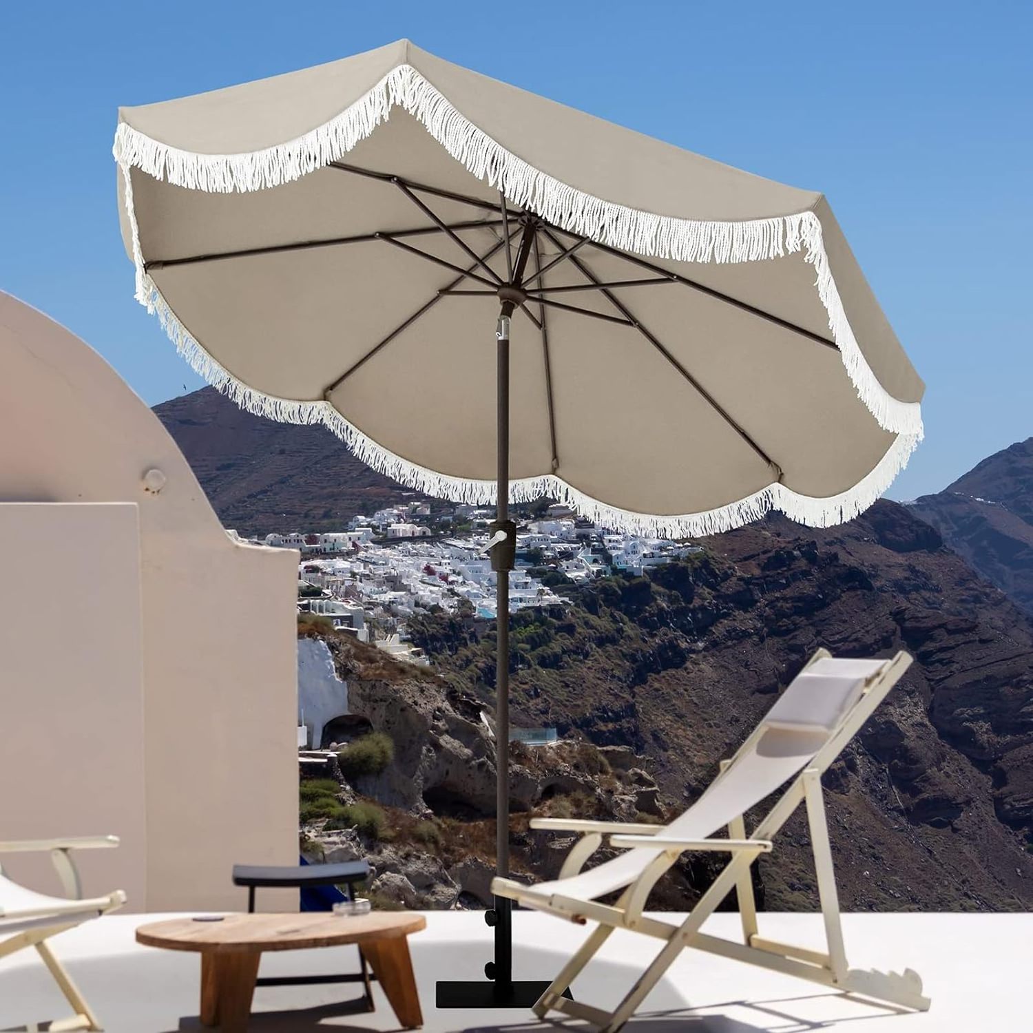 9 ft Outdoor Auto Tilt Scalloped Patio Table Umbrellas with Fringe and Fade Resistant Canopy  for Lawn  Pool Deck Balcony