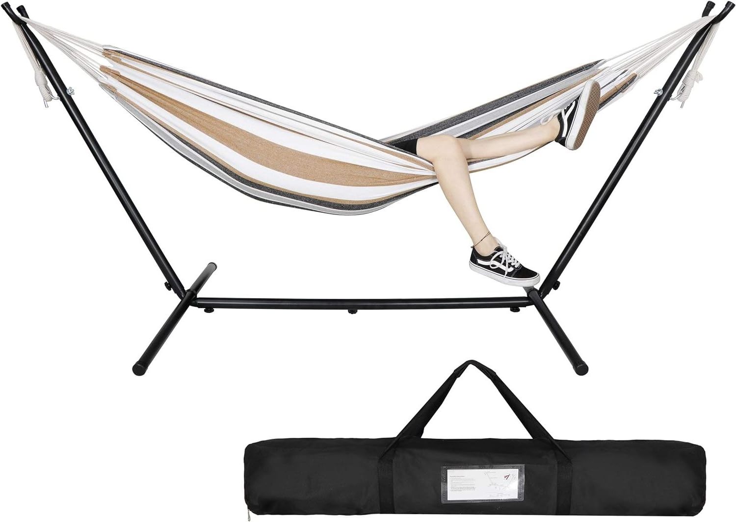 Double Hammock with Steel Stand  Outside Garden Yard Outdoor Camping 2 People Standing Hammocks and  Carrying Bag