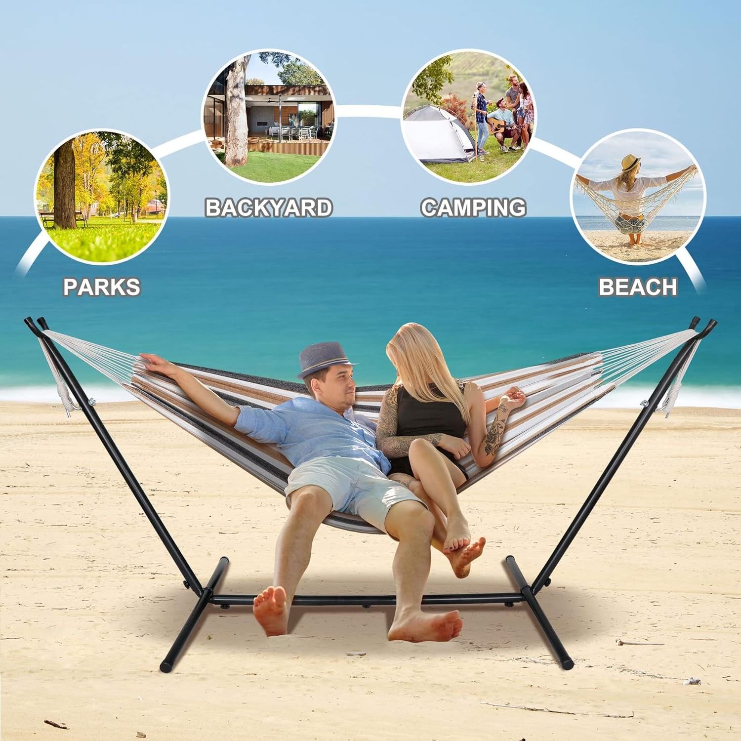 Double Hammock with Steel Stand  Outside Garden Yard Outdoor Camping 2 People Standing Hammocks and  Carrying Bag