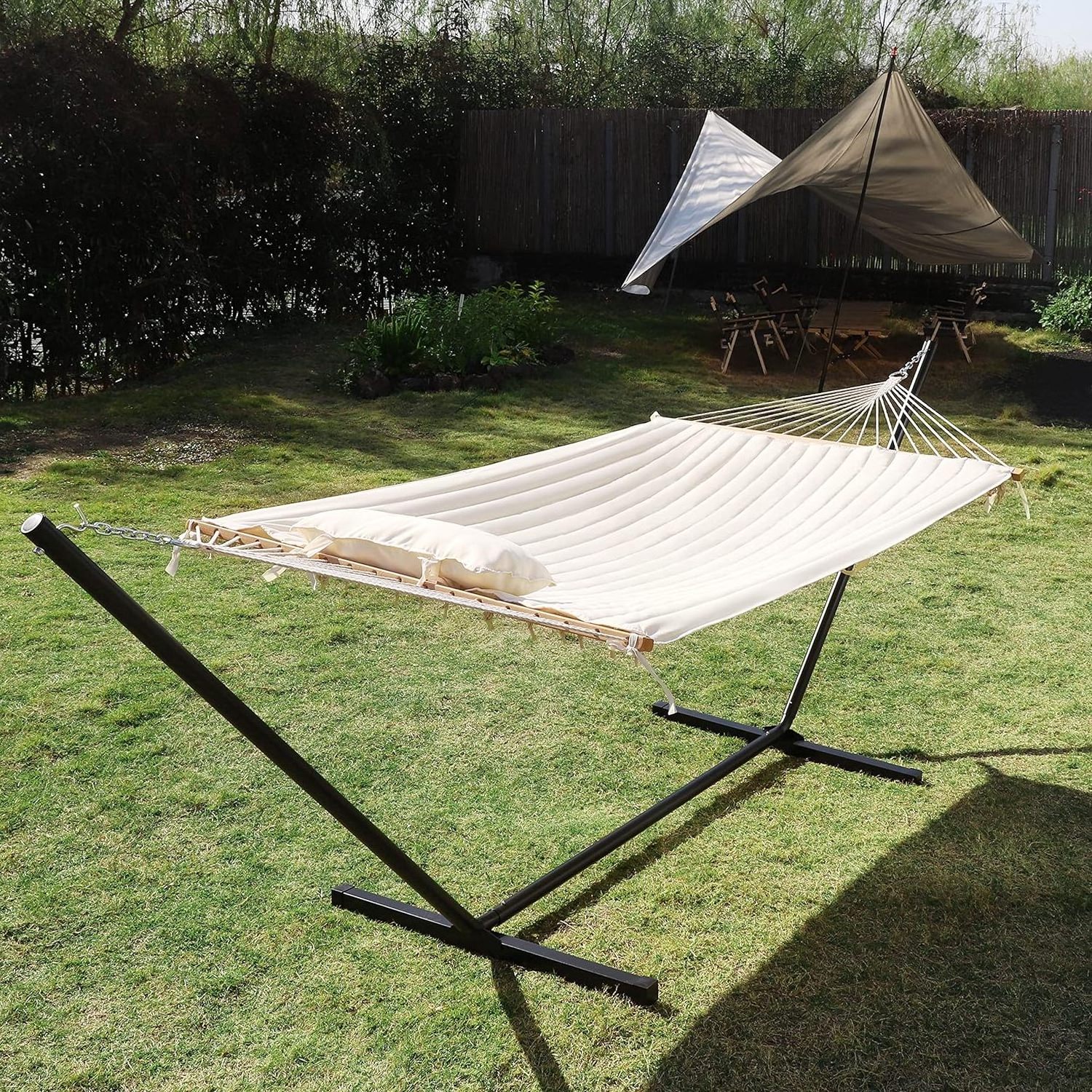 2 Person Portable Hammock with Stand and Pillow  Double Freestanding Quilted 12 ft Hammock with Frame and Spreader Bars in white