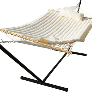 2 Person Portable Hammock with Stand and Pillow  Double Freestanding Quilted 12 ft Hammock with Frame and Spreader Bars in white