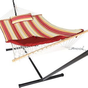 Double Portable Hammock with Stand and Pillow  Double Freestanding Quilted 12 ft Hammock with Frame and Spreader Bars in Red