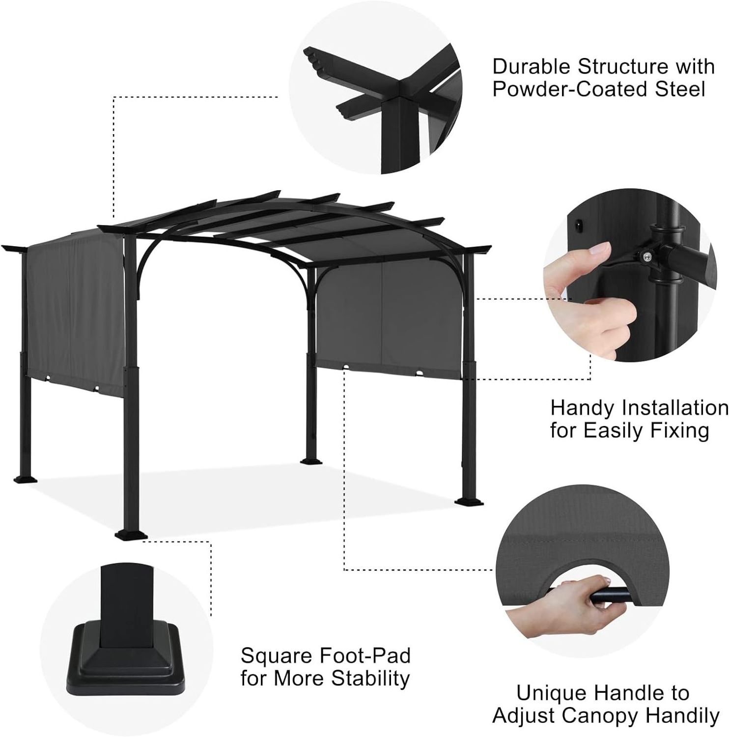 Outdoor Pergola 10' x 12 ' FT Arched Patio Pergola with Retractable Sun Shade for Garden Porch Backyard