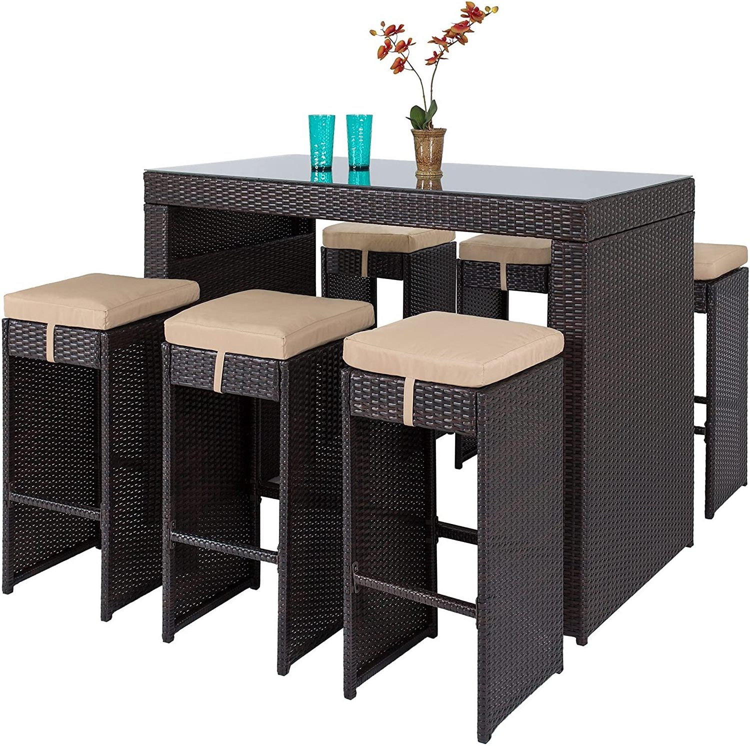 7-Piece Outdoor Rattan Wicker Bar Dining Patio Furniture Set w/Glass Table Top and 6 Stools