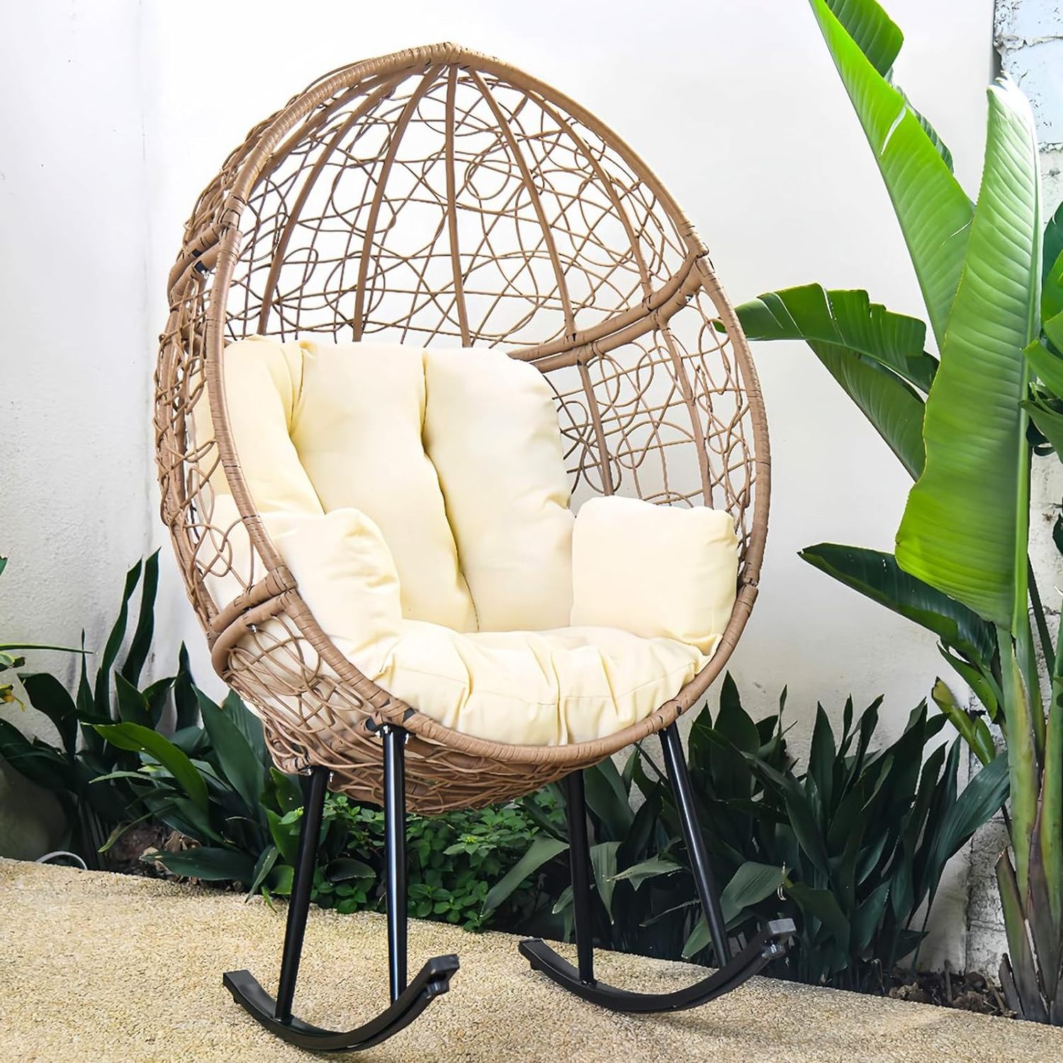 Outdoor Rattan Wicker Rocking Egg Chair  Oversized Patio Egg Lounge Chairs for Front Porch  Garden  Bedroom  Living Room