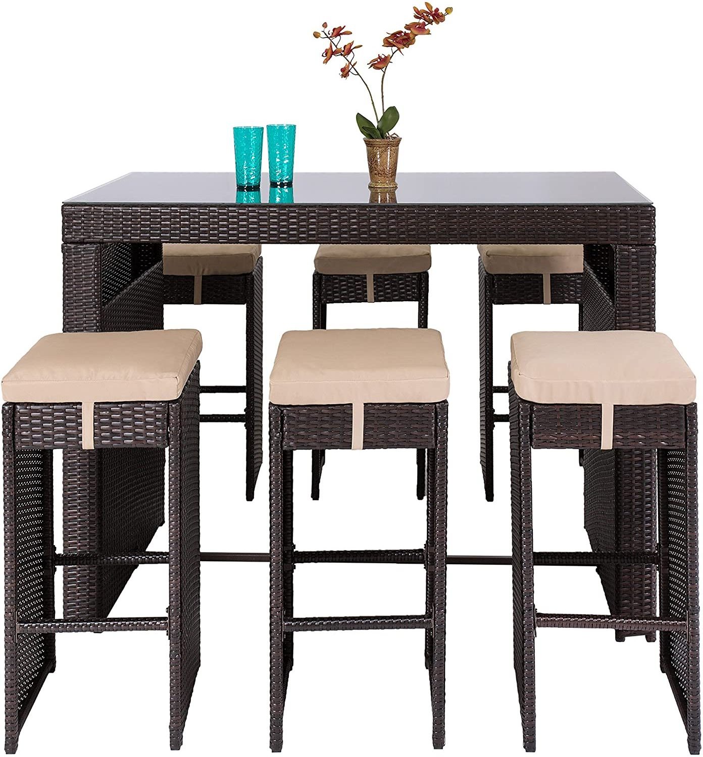 7-Piece Outdoor Rattan Wicker Bar Dining Patio Furniture Set w/Glass Table Top and 6 Stools