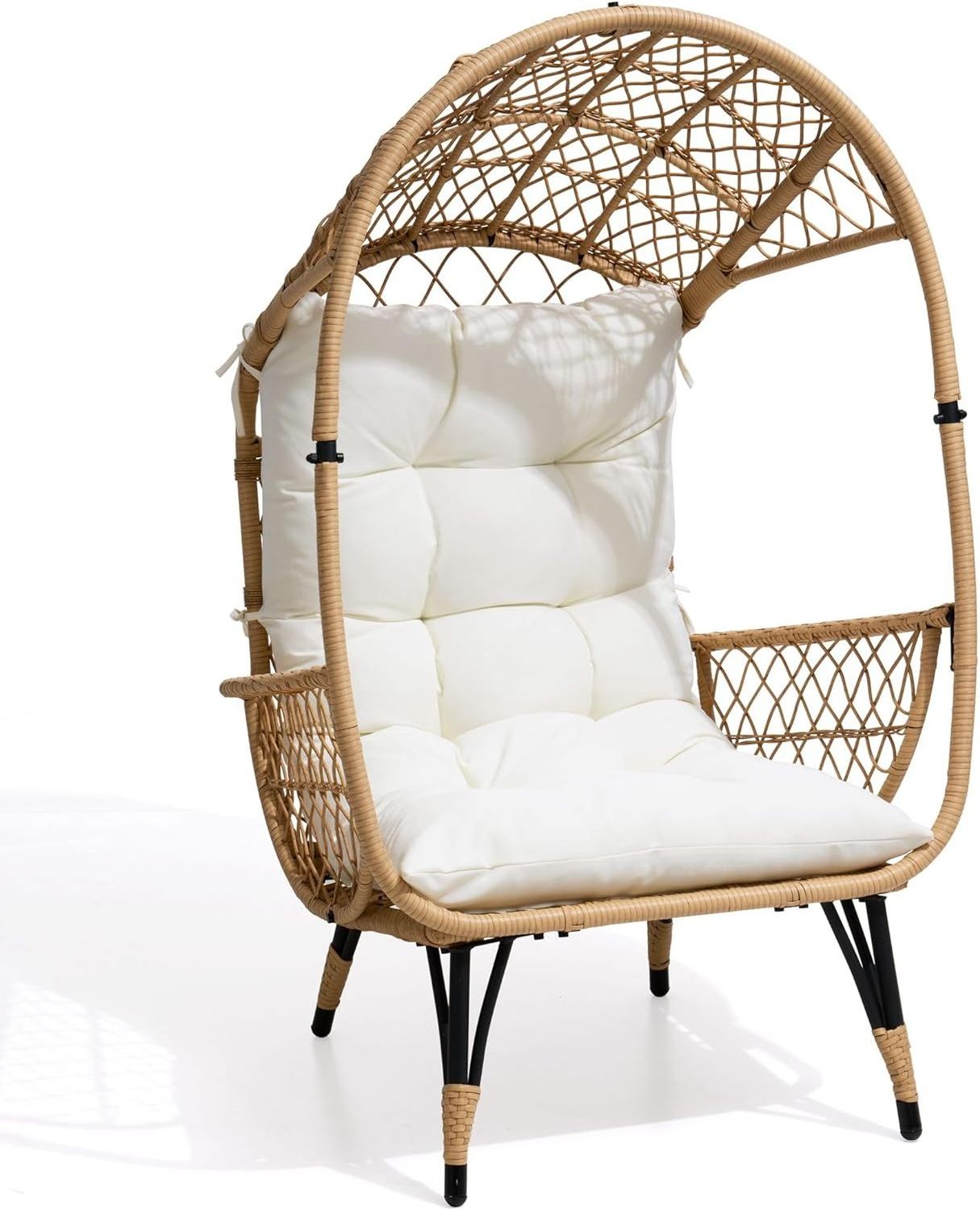 Hand Woven Wicker Egg Chair Oversized Patio Sun Shade Egg Chair with Wide Armrest Lounge Chair w/Cushion for Garden Deck Balcony