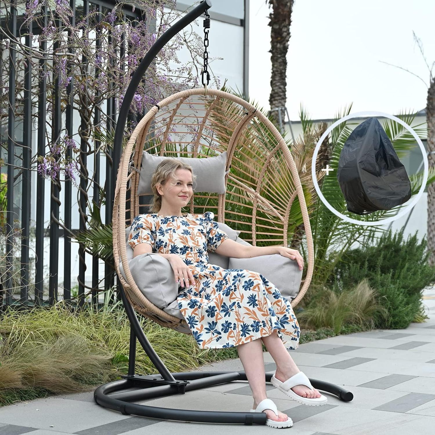 Hanging Egg Chair with Stand Patio Swing Chair with Stand and Cushion Hammock Wicker Rattan Chair for Indoor Outdoor Garden