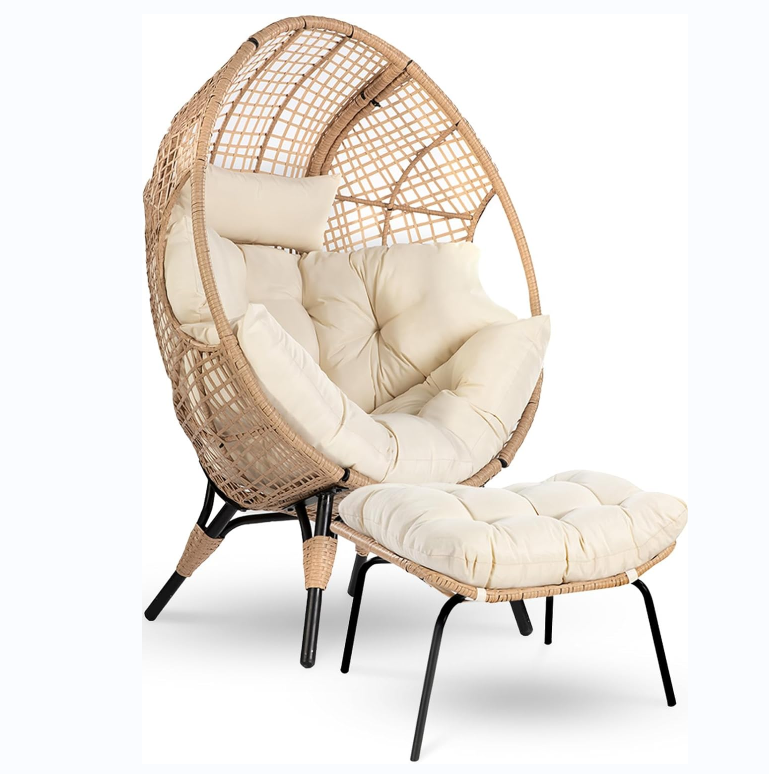 Outdoor Wicker Patio Egg Basket Chair  with Ottoman Rattan  Chair for Indoor Bedroom Outside Porch Deck Backyard Garden