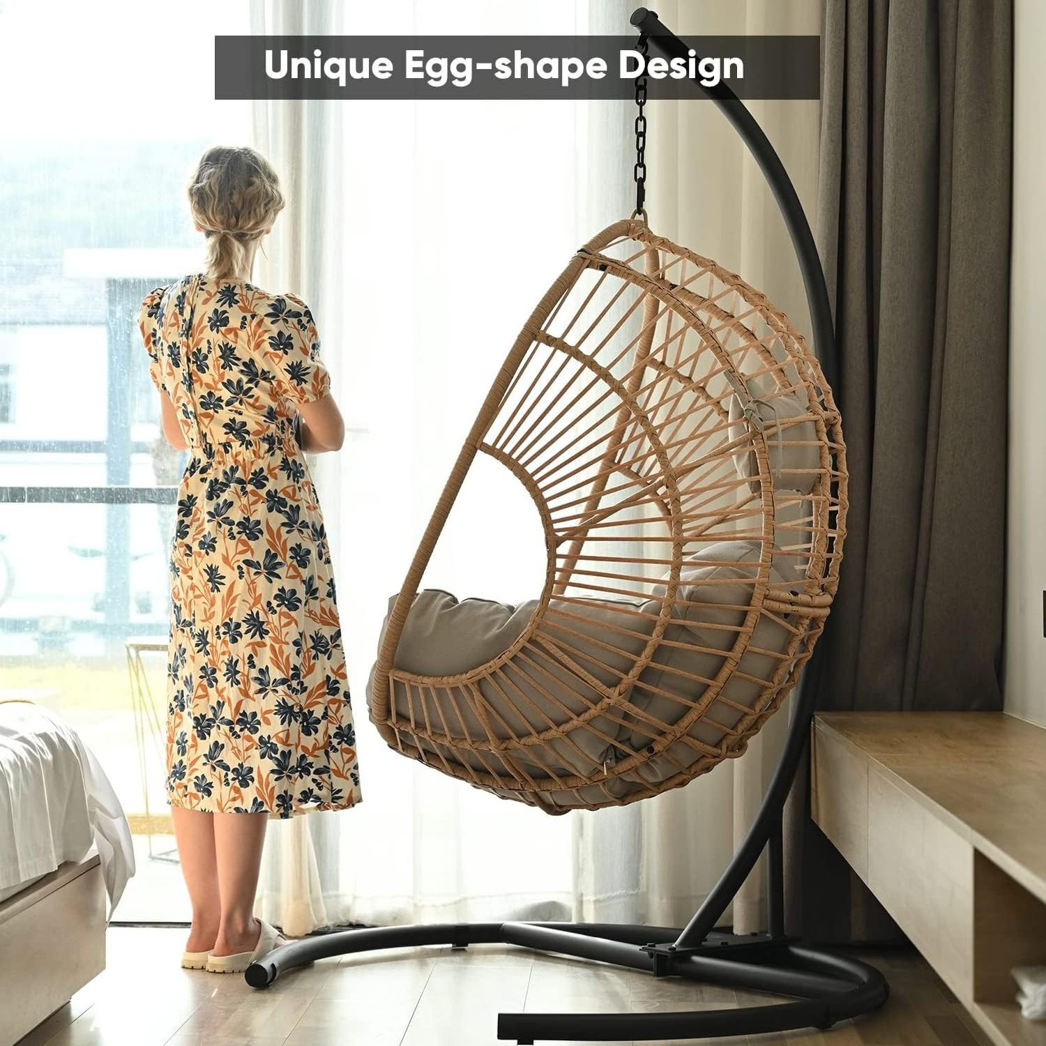 Hanging Egg Chair with Stand Patio Swing Chair with Stand and Cushion Hammock Wicker Rattan Chair for Indoor Outdoor Garden