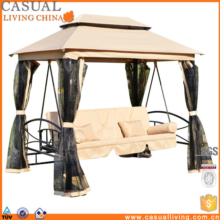 Outdoor 3 Person Patio Daybed Canopy Gazebo Swing garden swing chair Tan with Mesh Walls