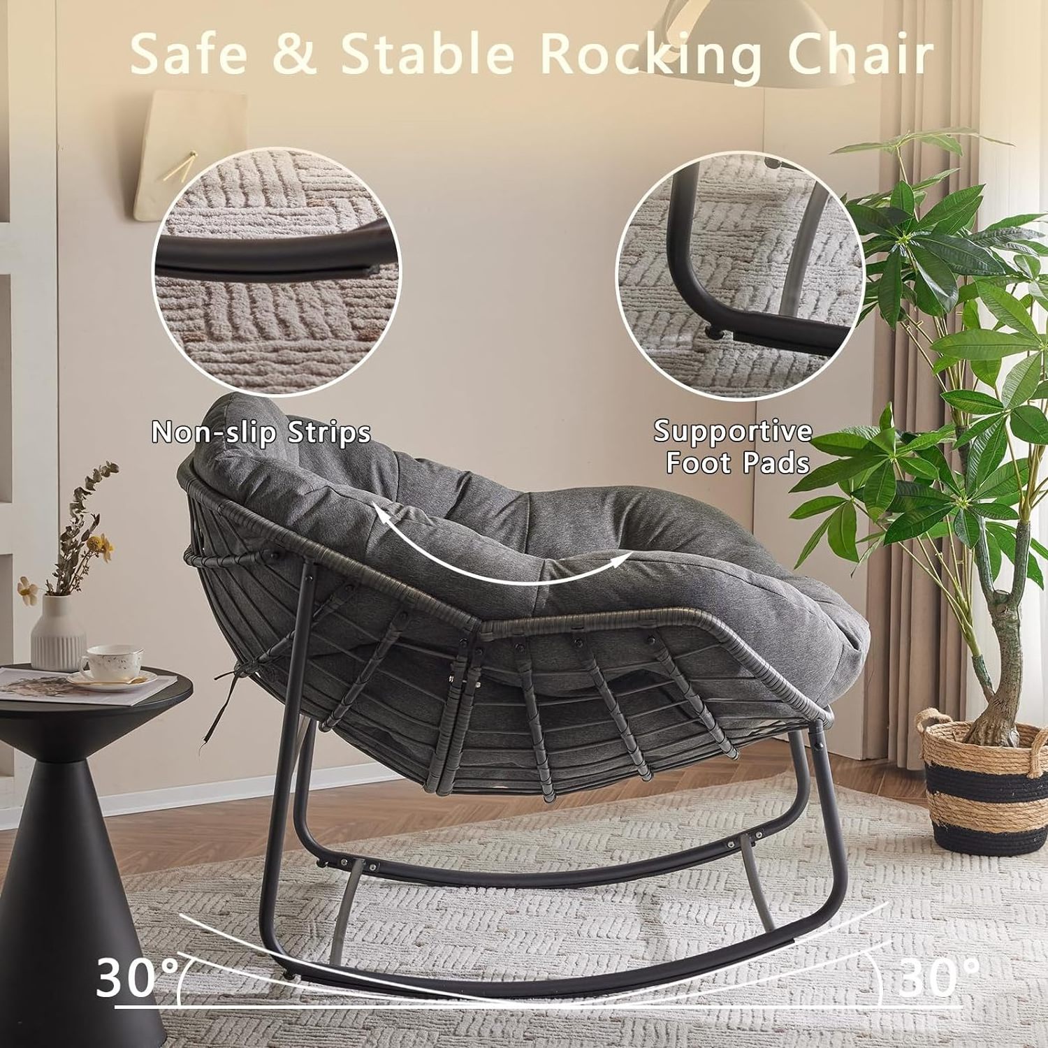 Rocking Chair with Cushion   Indoor Outdoor Comfy  Oversized Wicker Lounge Chair for Front Porch  Garden  Bedroom  Living Room