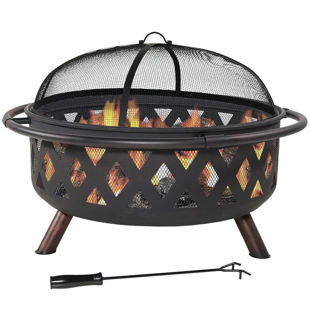 Outdoor Furniture 36 Inch Round Fire Pit Table with Spark Screen and Poker, Wood Burning Patio Garden Firepit Bowl