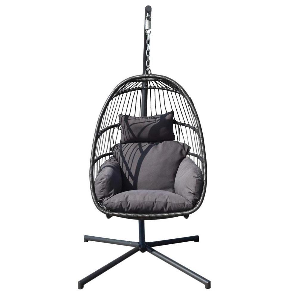 Outdoor Foldable Backyard Wicker Hanging Swing Basket Chair with Cushion and Stand