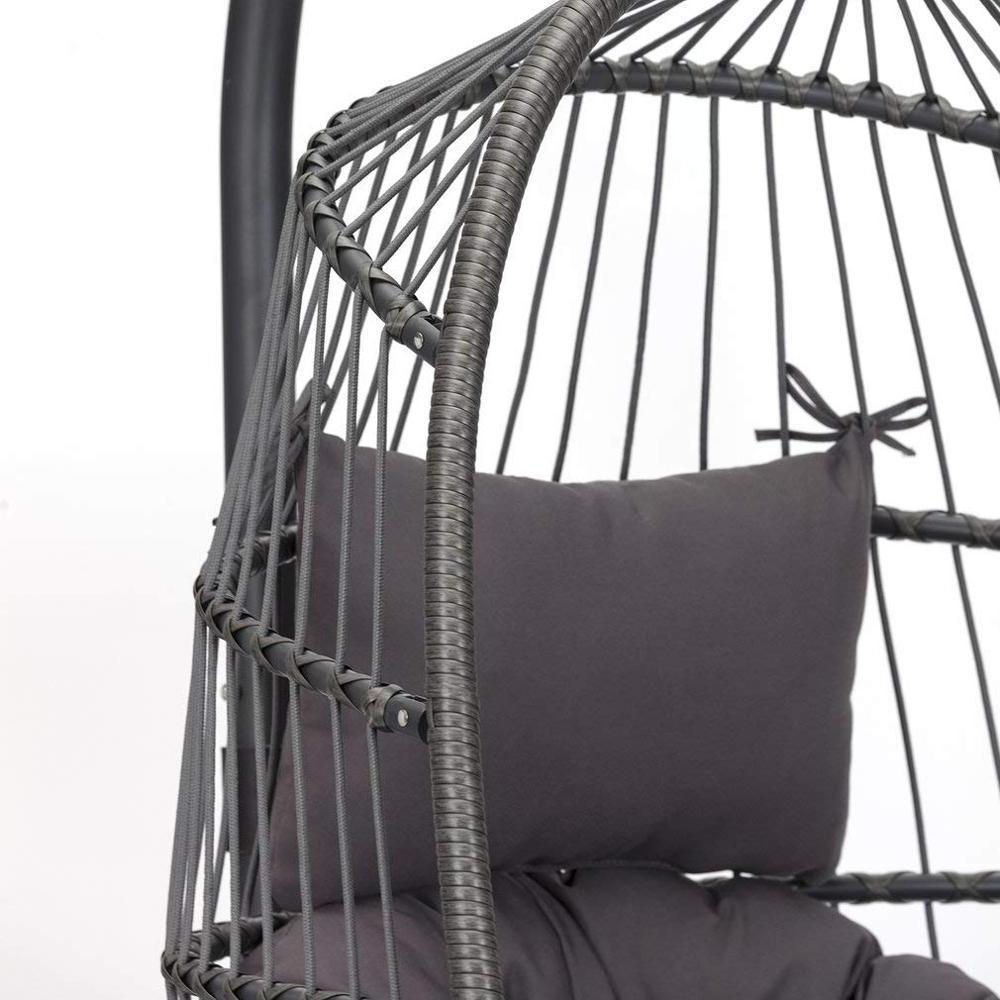 Outdoor Foldable Backyard Wicker Hanging Swing Basket Chair with Cushion and Stand