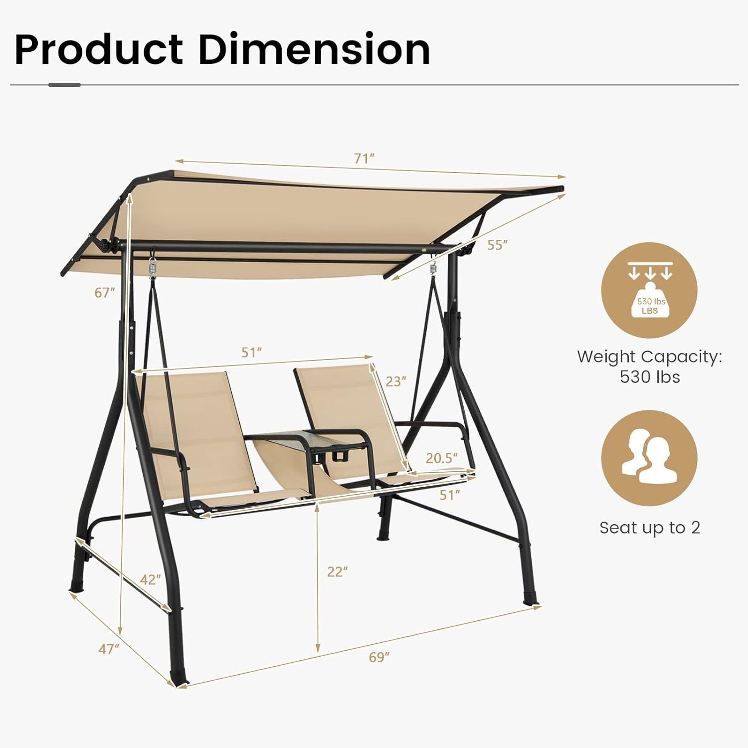 2 Person Porch Swing Outdoor Swing with Tempered Glass Table 2 Cup Holder Patio Swing with Adjustable Canopy for Garden Porch