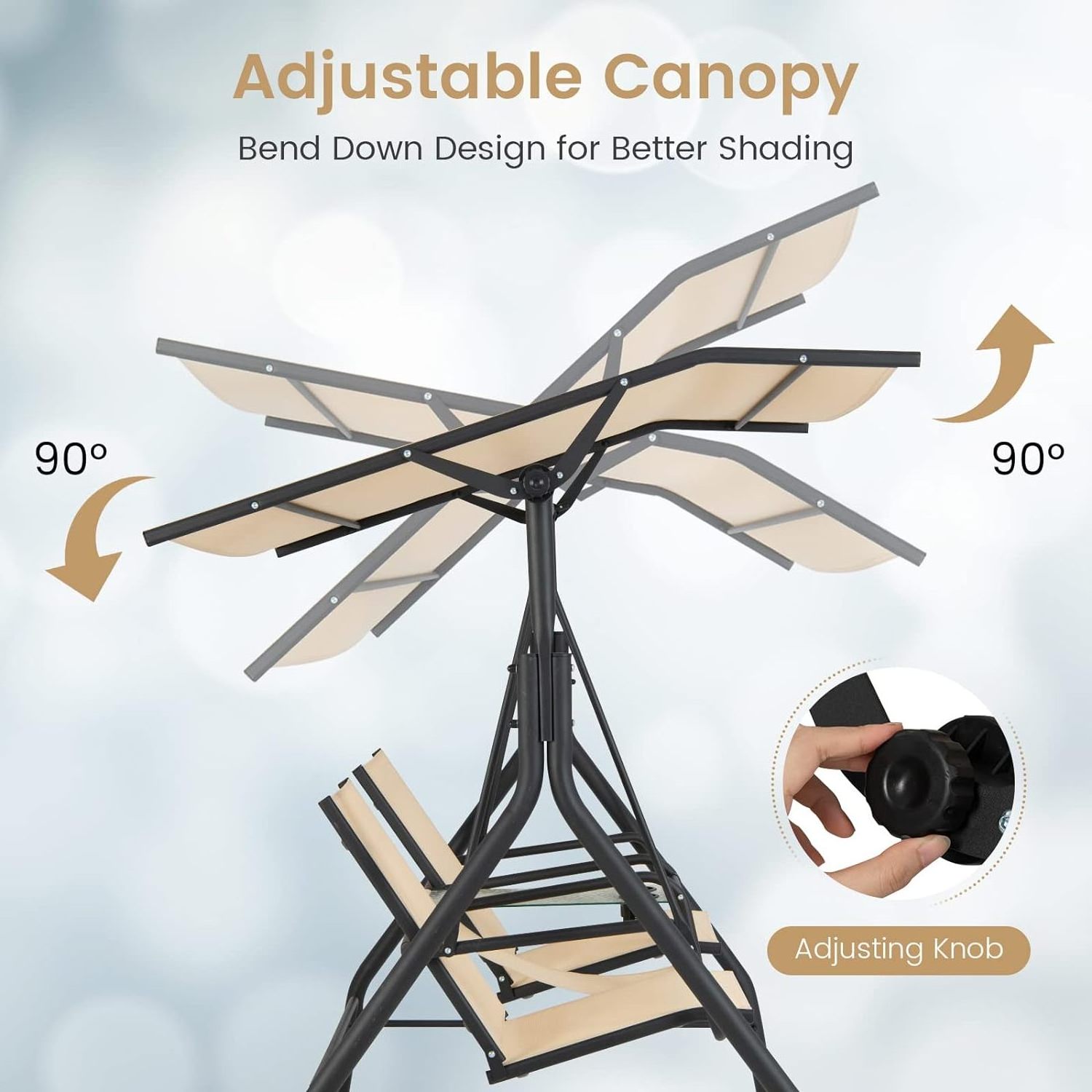 2 Person Porch Swing Outdoor Swing with Tempered Glass Table 2 Cup Holder Patio Swing with Adjustable Canopy for Garden Porch