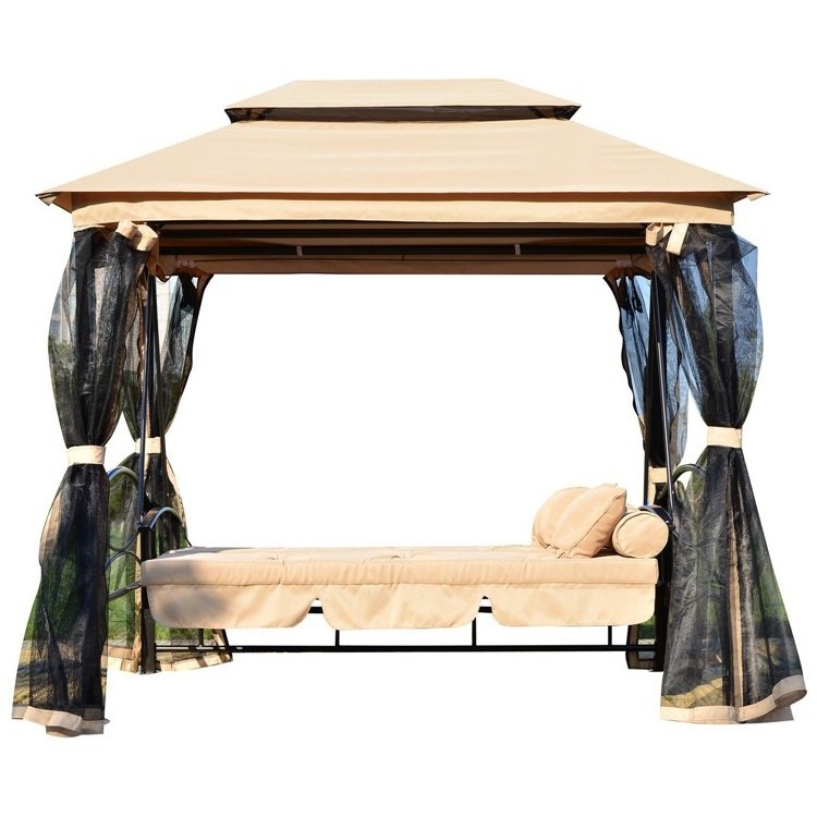 Outdoor 3 Person Patio Daybed Canopy Gazebo Swing garden swing chair Tan with Mesh Walls