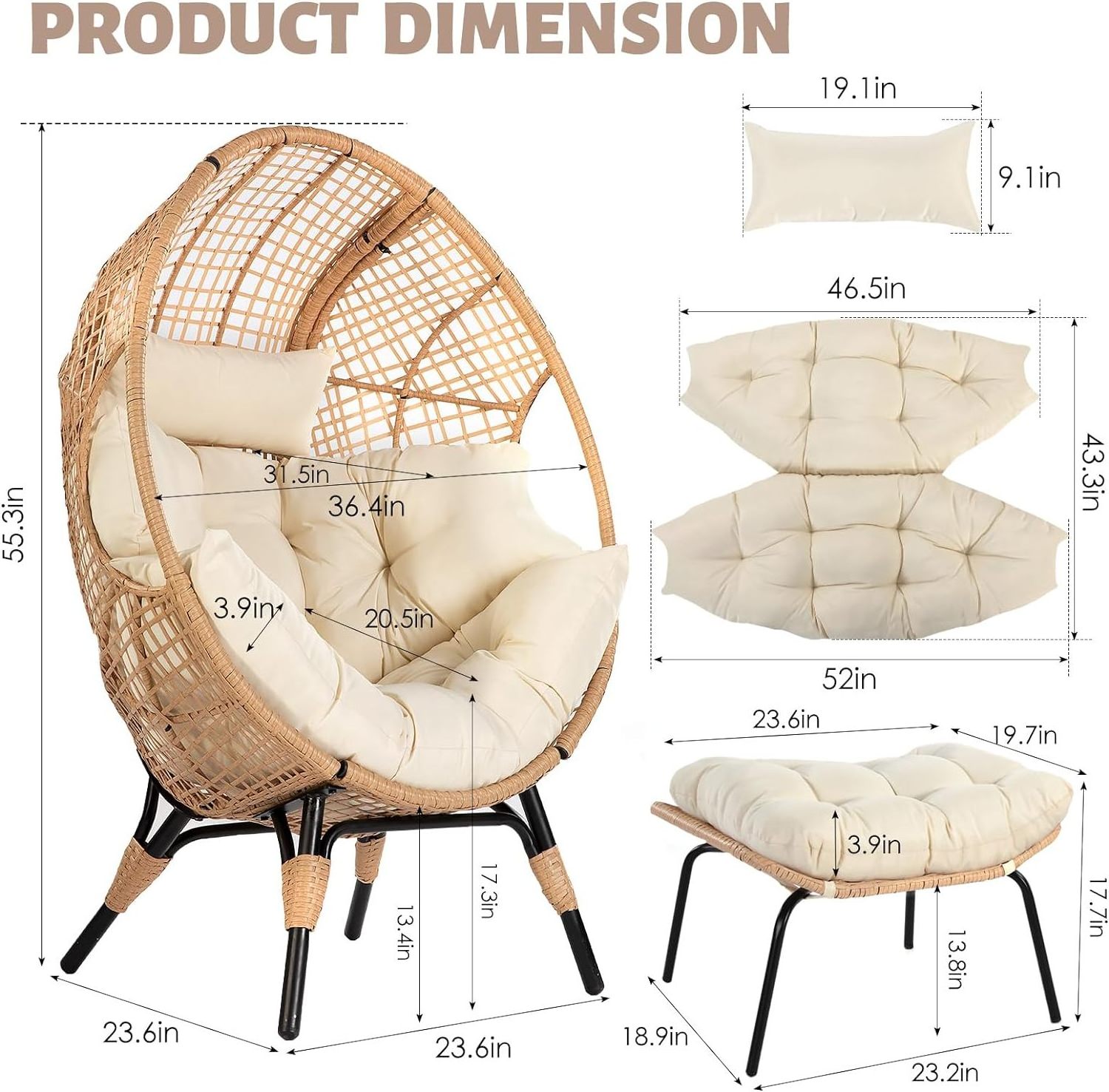 Outdoor Wicker Patio Egg Basket Chair  with Ottoman Rattan  Chair for Indoor Bedroom Outside Porch Deck Backyard Garden