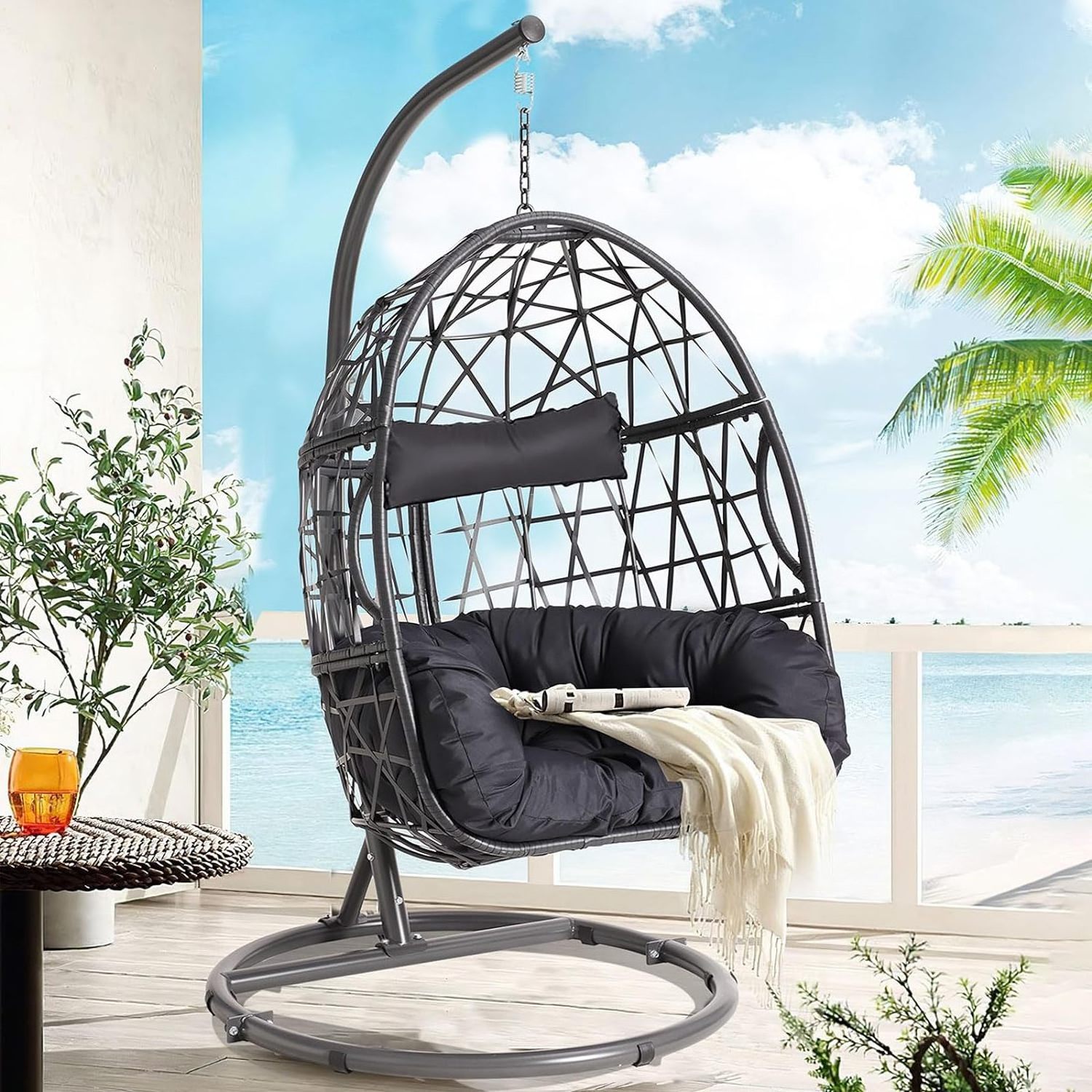 Patio Hanging Egg Swing Chair with Stand Hammock Chair Indoor Outdoor Rattan Wicker Egg Chair for Bedroom Porch Garden