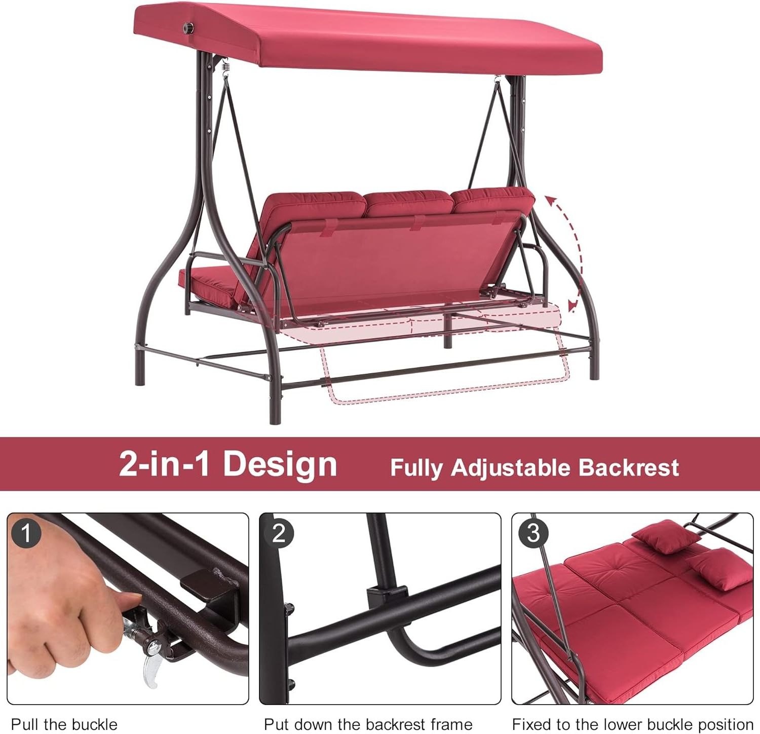 3-Seat Outdoor Patio Swing Chair Adjustable Backrest and Canopy Porch Swing Glider Chair w/Cushions and Pillows