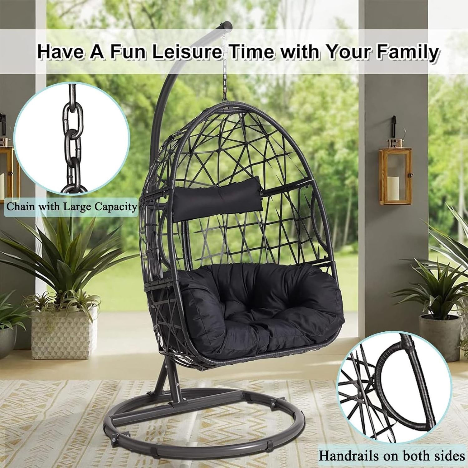 Patio Hanging Egg Swing Chair with Stand Hammock Chair Indoor Outdoor Rattan Wicker Egg Chair for Bedroom Porch Garden