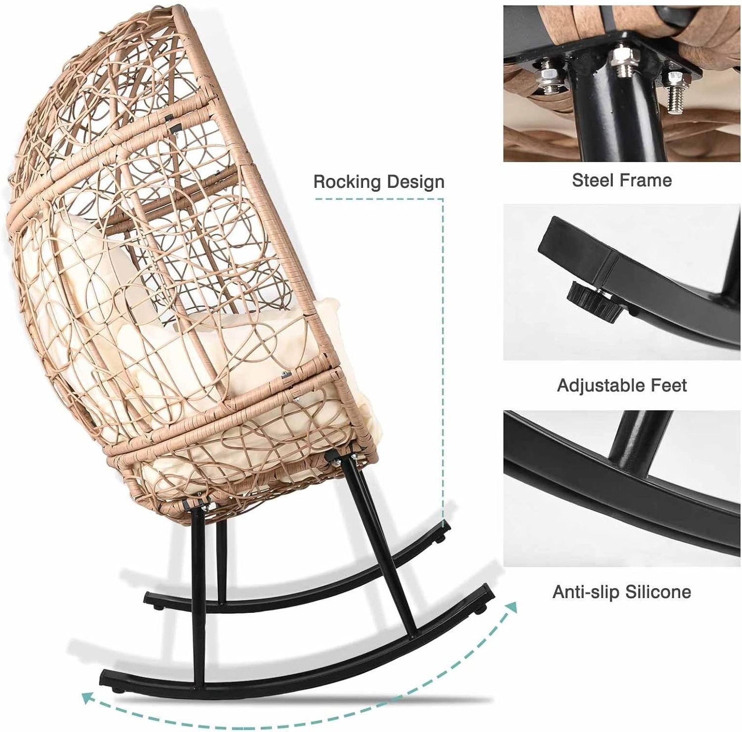 Outdoor Rattan Wicker Rocking Egg Chair  Oversized Patio Egg Lounge Chairs for Front Porch  Garden  Bedroom  Living Room